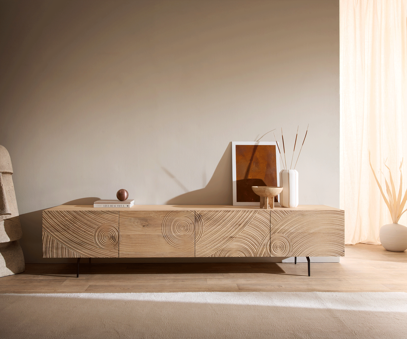 TV-meubel Ashara 220 cm eiken natuur 3D-effect 4 deuren hoekpoot metaal zwart 4