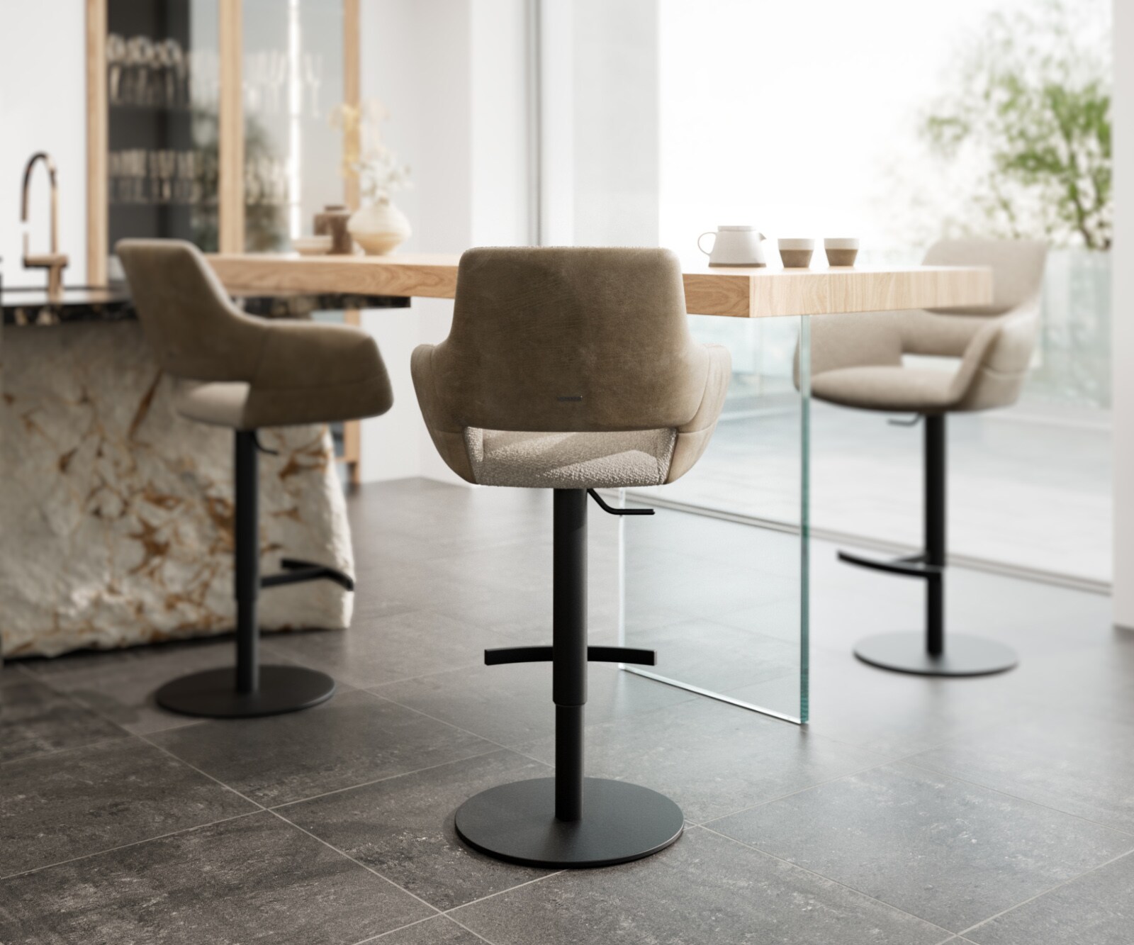Barstoel Yago-Flex materiaalmix microvezel Mud / bouclé Mud draaivoet in hoogte verstelbaar metaal zwart draaibaar pocketvering 3