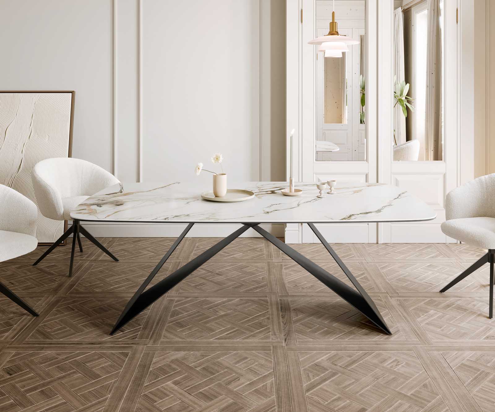 Eetkamertafel Edge Boot 200x100 keramiek Calacatta Luxe wit-goud-grijs V-frame vlak staal zwart 1