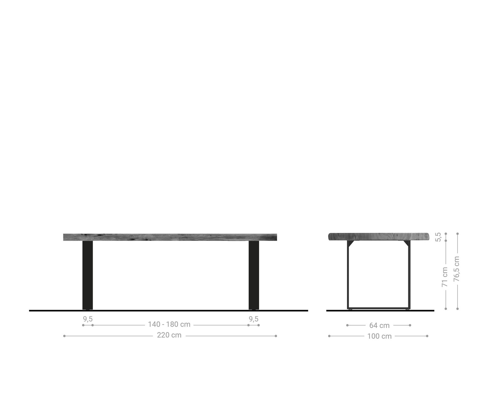 Eettafel Edge 220x100cm XL acacia platina roestvrijstaal smal Live-Edge 5
