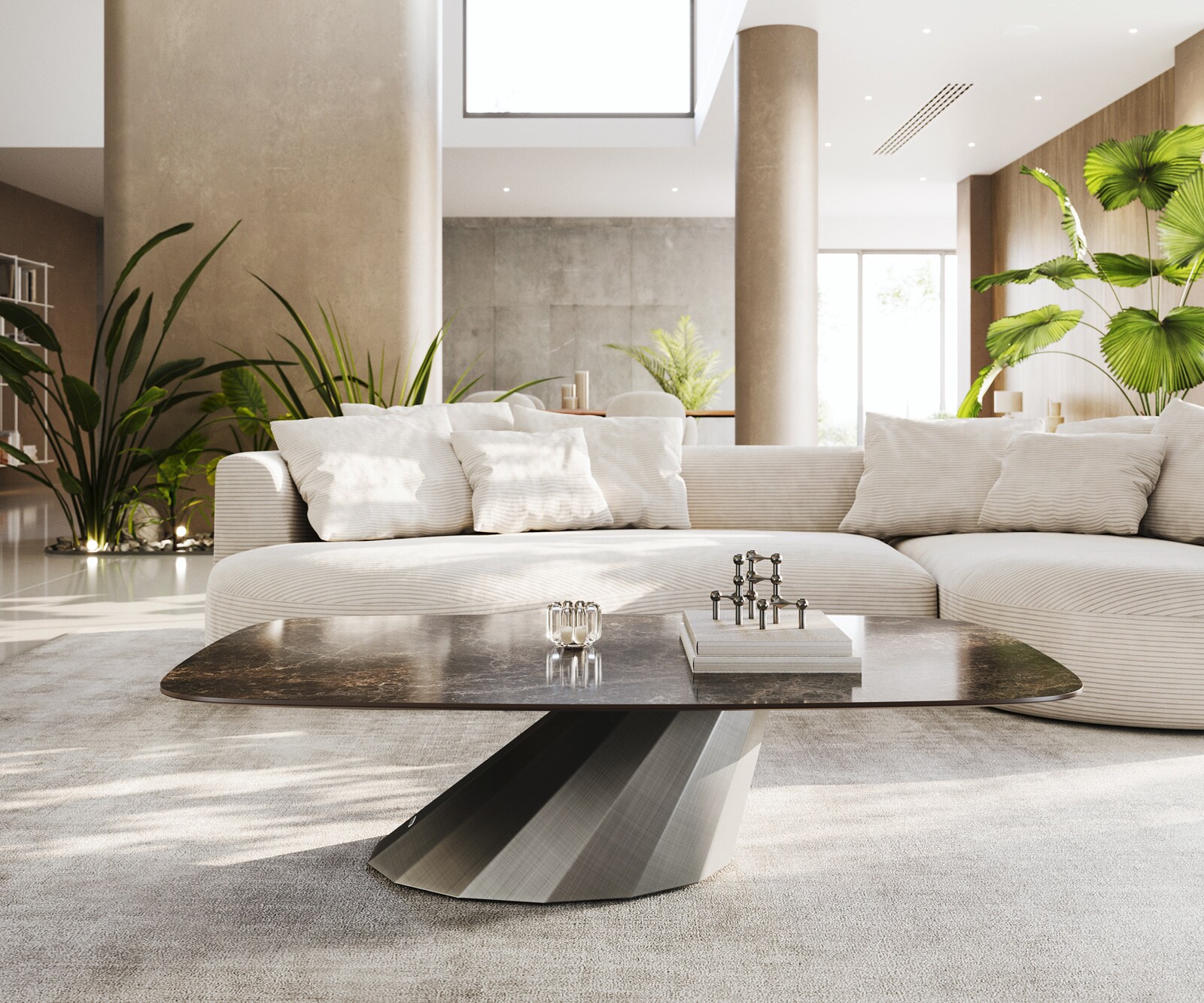 Salontafel Edge Boot 140x80 cm keramiek Laminam® Emperador Extra Lucidato donkerbruin Parabi metallic zilver 1