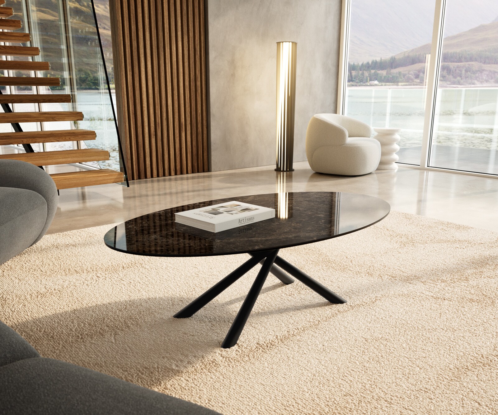 Salontafel Edge Oval 140x80 cm keramiek Laminam® Emperador Extra Lucidato donkerbruin Sarity zwart metaal