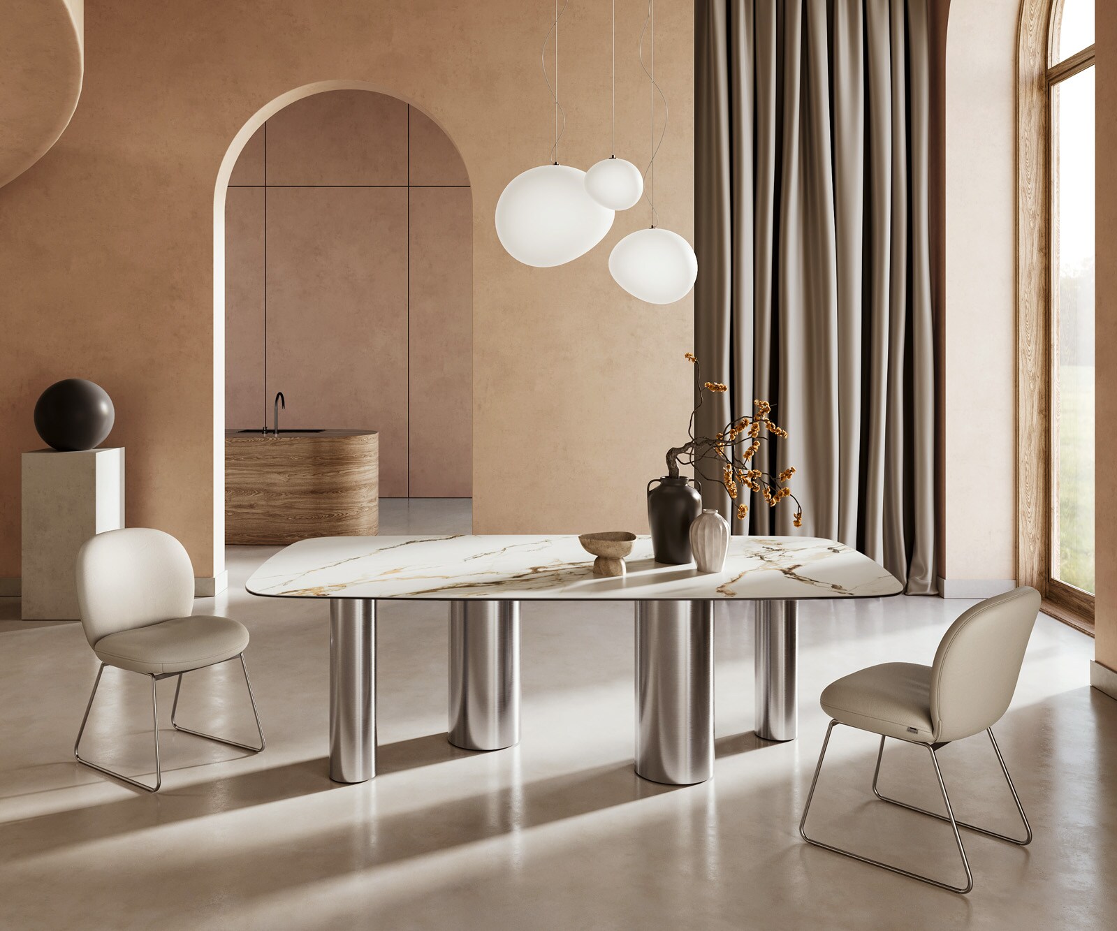 Eettafel Edge boot 240x120cm keramiek Calacatta Luxe wit-goud-grijs pilier roestvrij staal