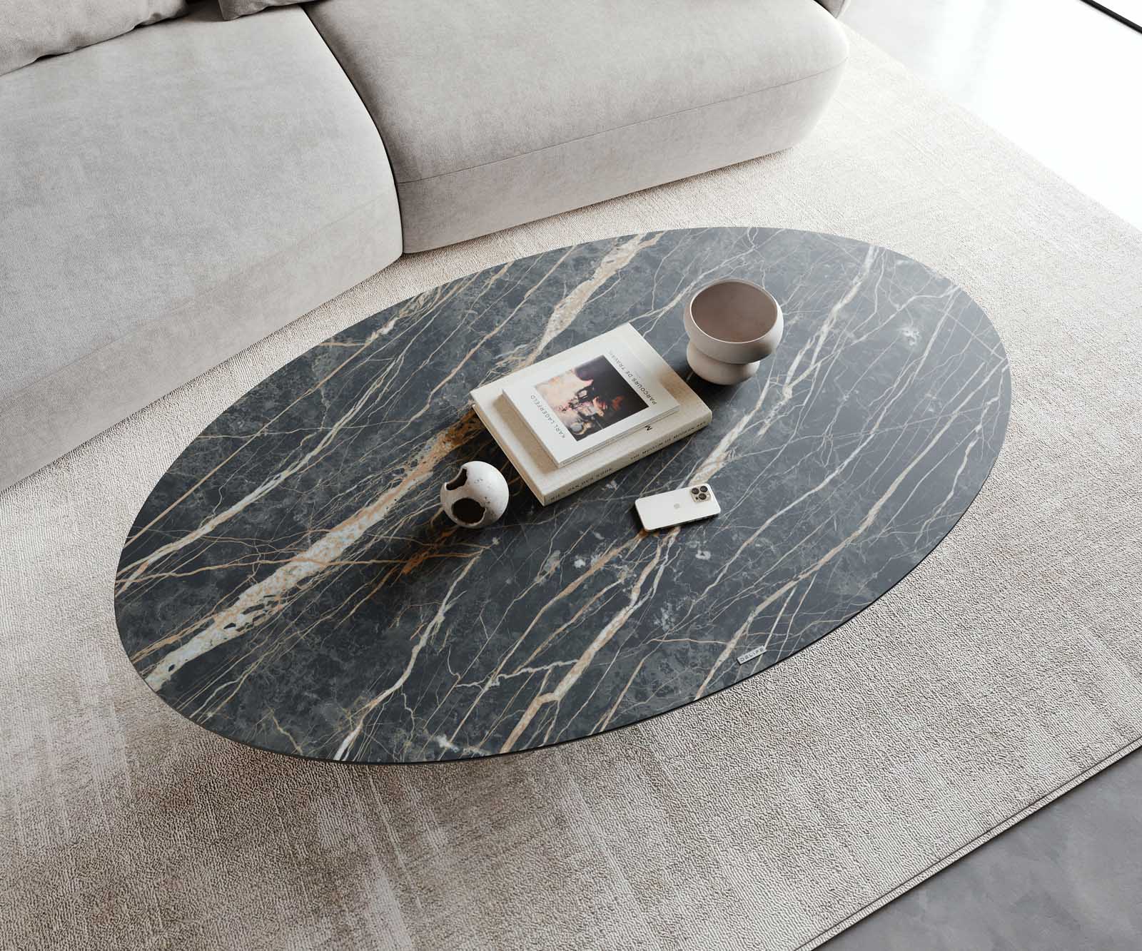 Salontafel Casilda 150x90 cm keramiek Laminam®Noir Desir Bruin middenpoot titaniumeffect 5