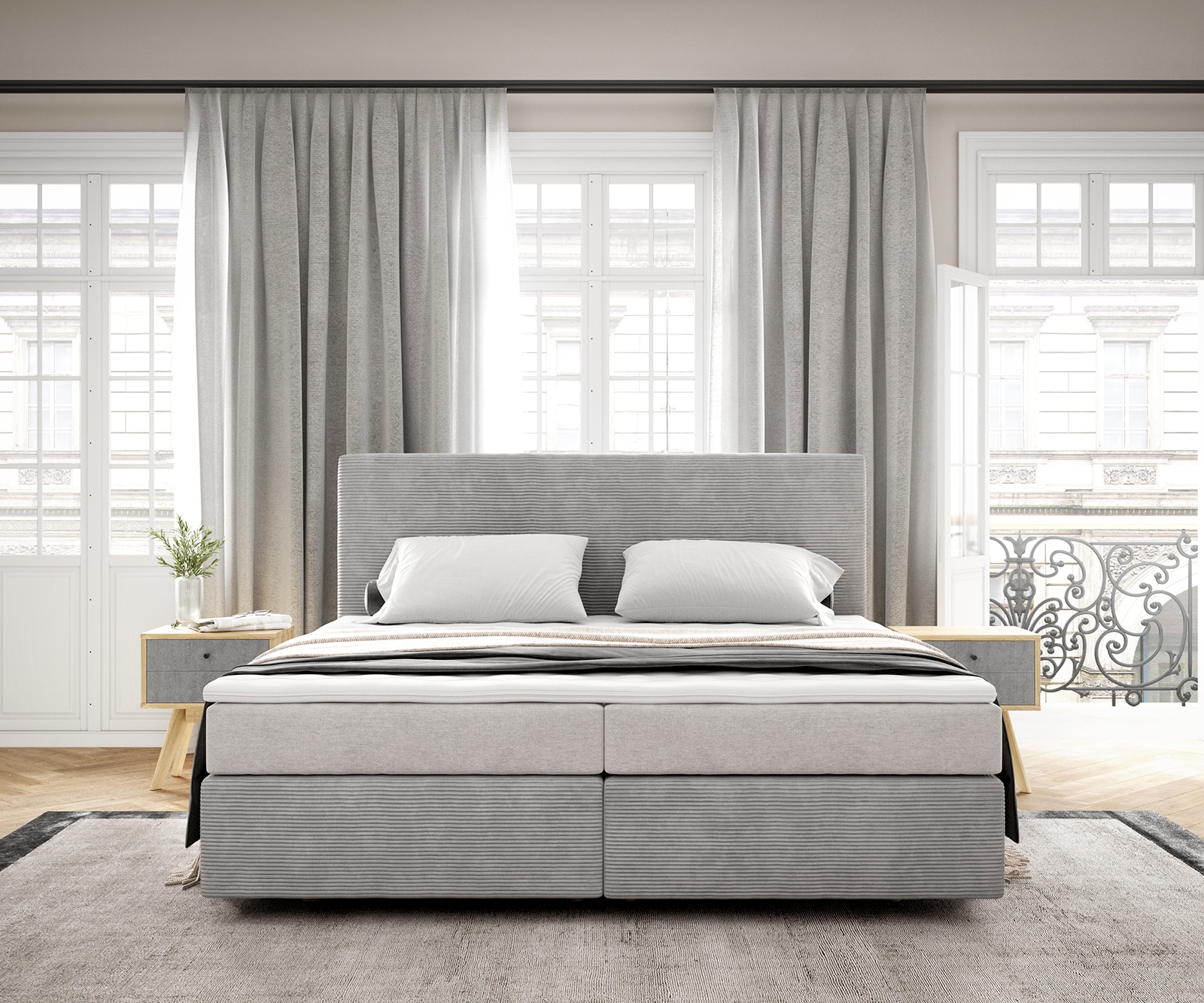 Boxspringbed Dream-Well 180x200 cm Cord Zilvergrijs met Pocketveringmatras en Topper Visco 1 Boxspringbed Dream-Well 180x200 cm Cord Zilvergrijs met Pocketveringmatras en Topper Visco 1