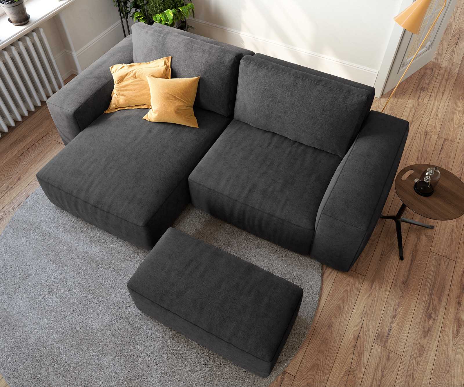 Hoeksofa Lanzo 230x155 cm microvezel zwart met variabele recamière en hocker 3