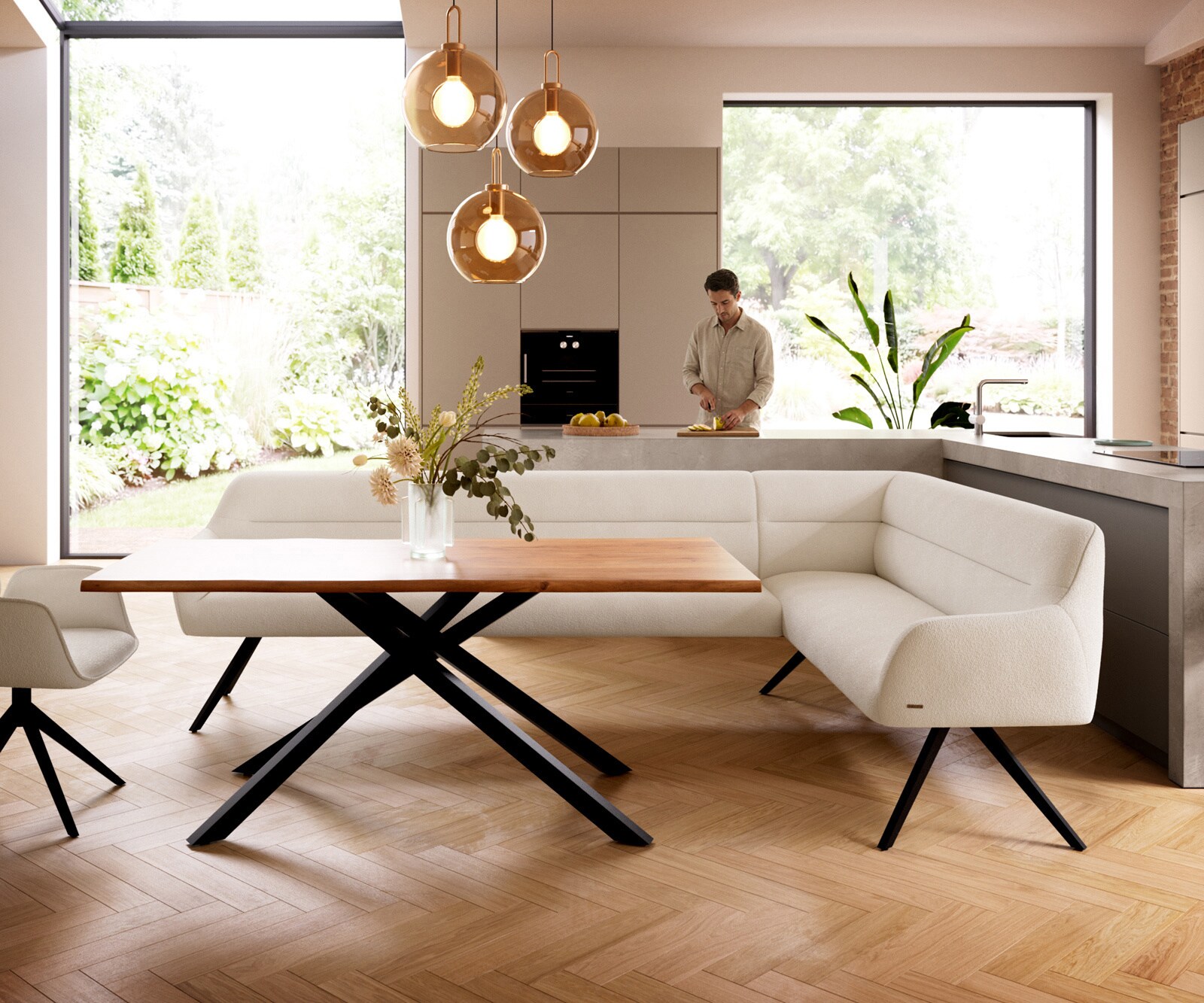 Eetkamerbank Taya-Flex 285x190 cm bouclé crème-wit hoekig kruisframe zwart pocketvering links 1