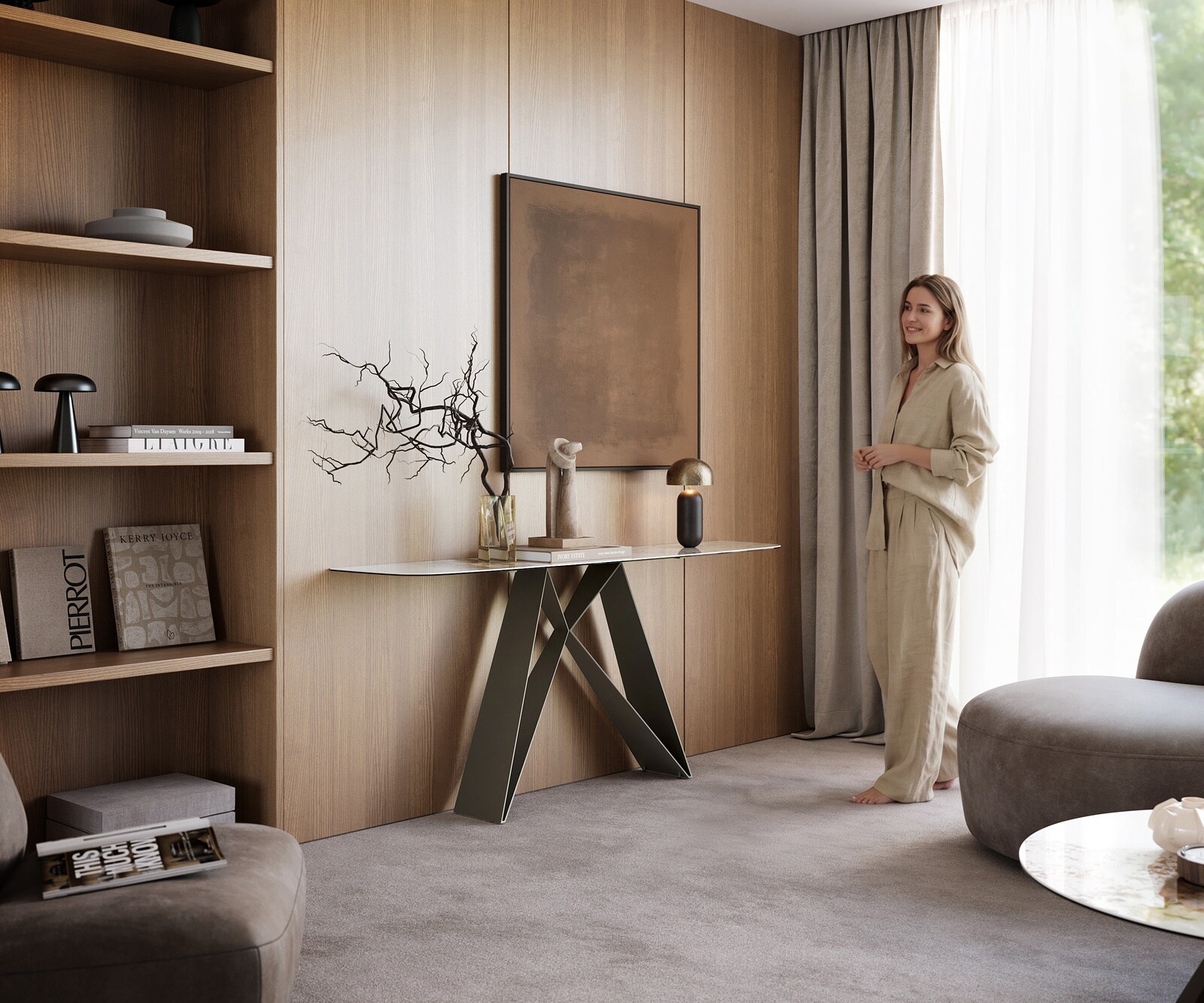 Consoletafel Edge Bootvorm 180x40 cm Keramiek Minas Melange Weiß-Beige Velio Metaal Effektfinish Titan 7