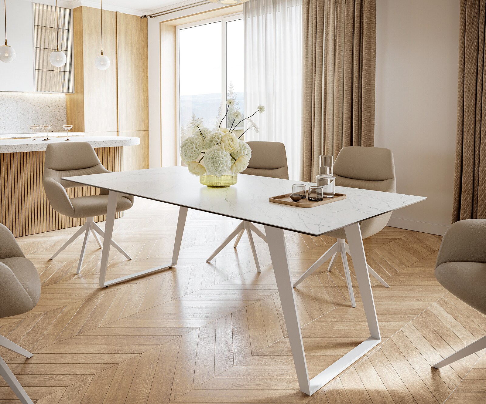 Eetkamertafel Edge 200x100 cm Keramiek Laminam®Statuarietto Wit Metaal Schuin Wit