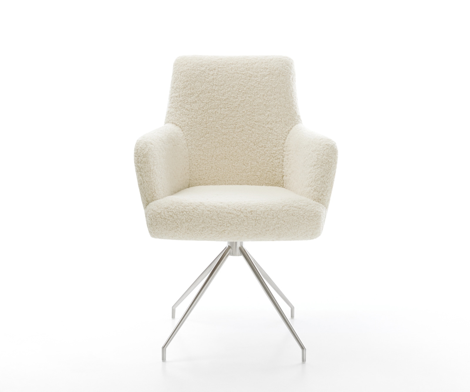 Eetkamerstoel Heira-Flex met armleuning teddy beige kruisframe conisch roestvrij staal pocketveer kern 1