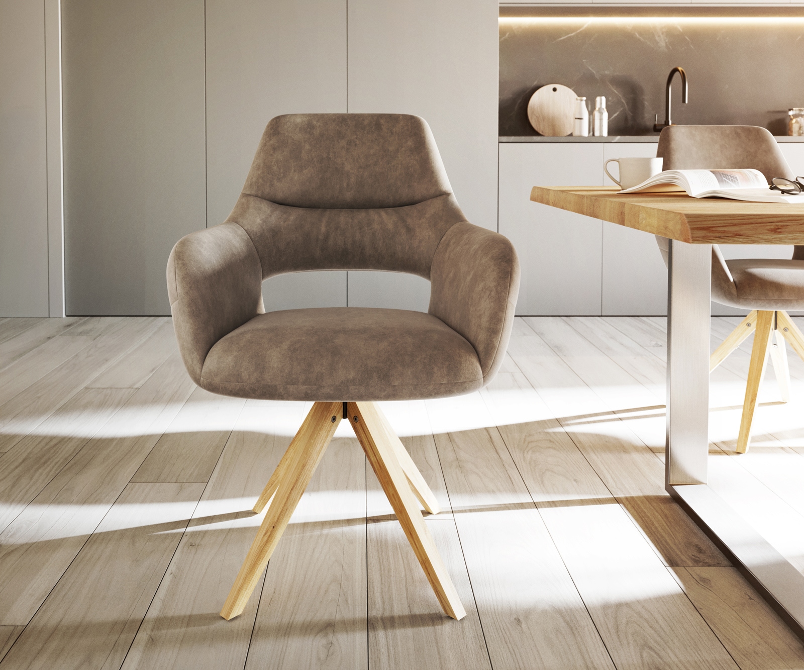 Eetkamerstoel Yago-Flex met armleuning microvelours taupe vintage houten frame hoekig natuur pocketveer kern 1 Eetkamerstoel Yago-Flex met armleuning microvelours taupe vintage houten frame hoekig natuur pocketveer kern 1