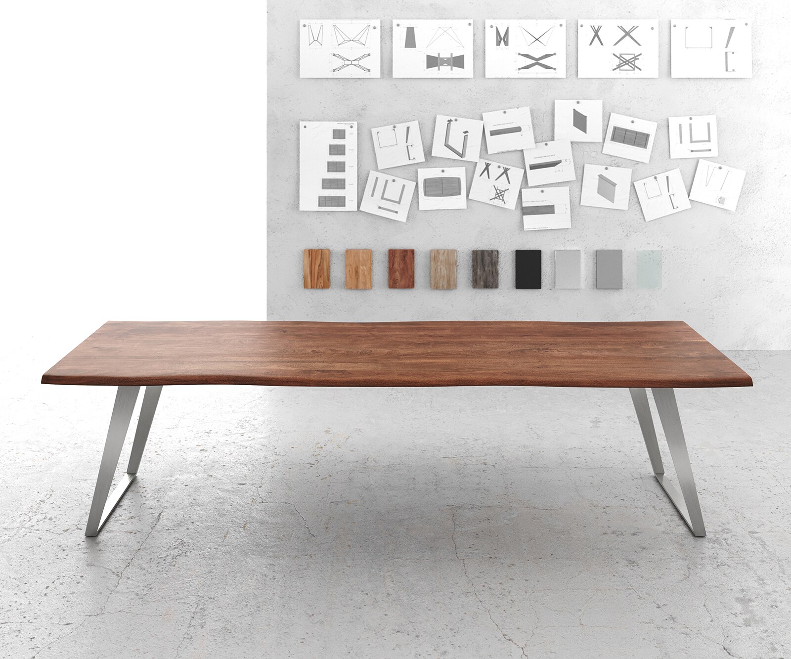 Eettafel Edge 300x100cm acacia bruin roestvrijstaal zilver schuin Live-Edge 1
