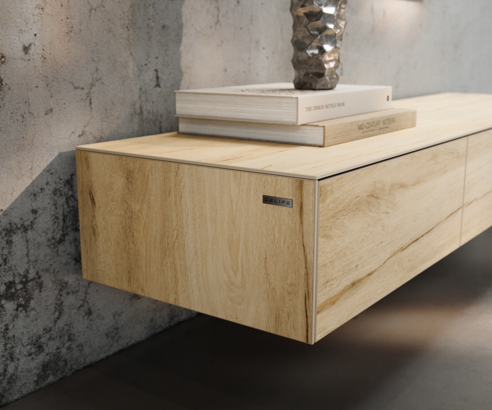 Tv-meubel Cuor 150 cm Keramiek Laminam® Sabbia Eiken gekleurd 1 Flap 1 Lade Zwevende voet look Roestvrij staal 6