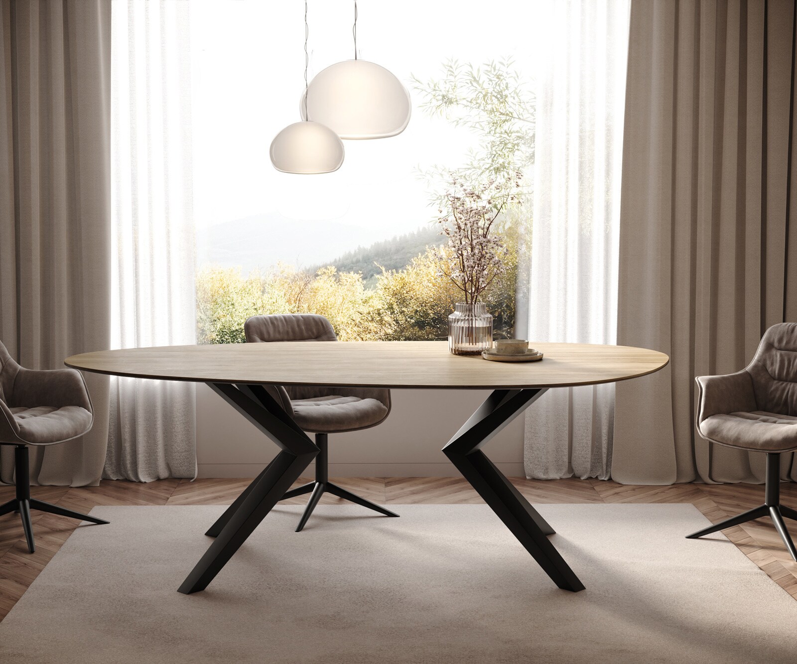 Eetkamertafel Edge ovaal 220x120 keramiek Laminam® Sabbia eiken kleur Zenthara hoekig metaal zwart 1