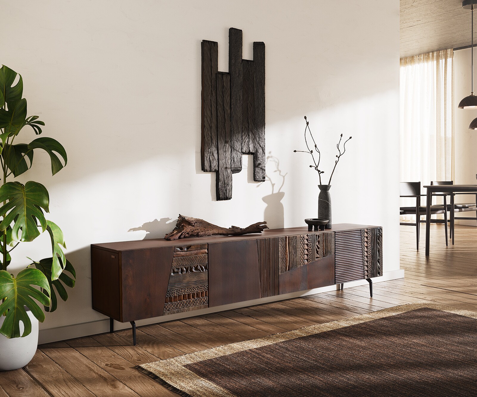 TV-meubel Imara 200 cm mangobruin 4 deuren hoekpoot metaal zwart 1