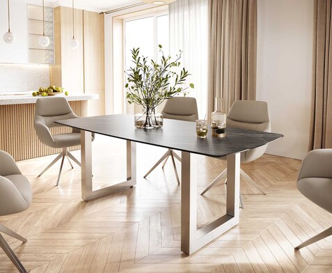 Eettafel Edge Bootsform 200x100 keramiek Laminam® Noir Desir bruin roestvrij staal breed