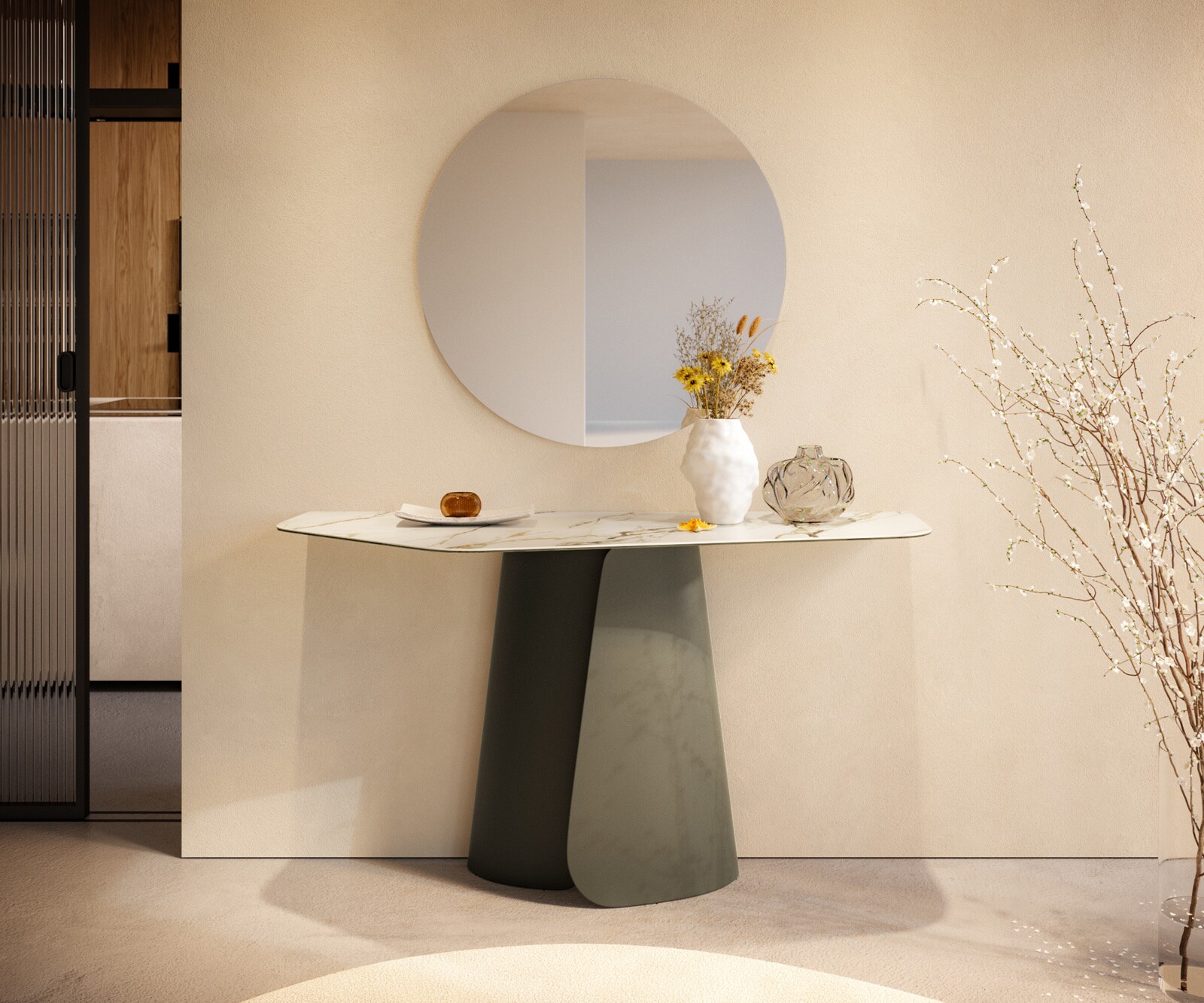 Consoletafel Edge Polygonaal 140x50 cm Keramiek Calacatta Luxe Weiß-Gold-Grijs Livos Metaal Effektfinish Titan 3