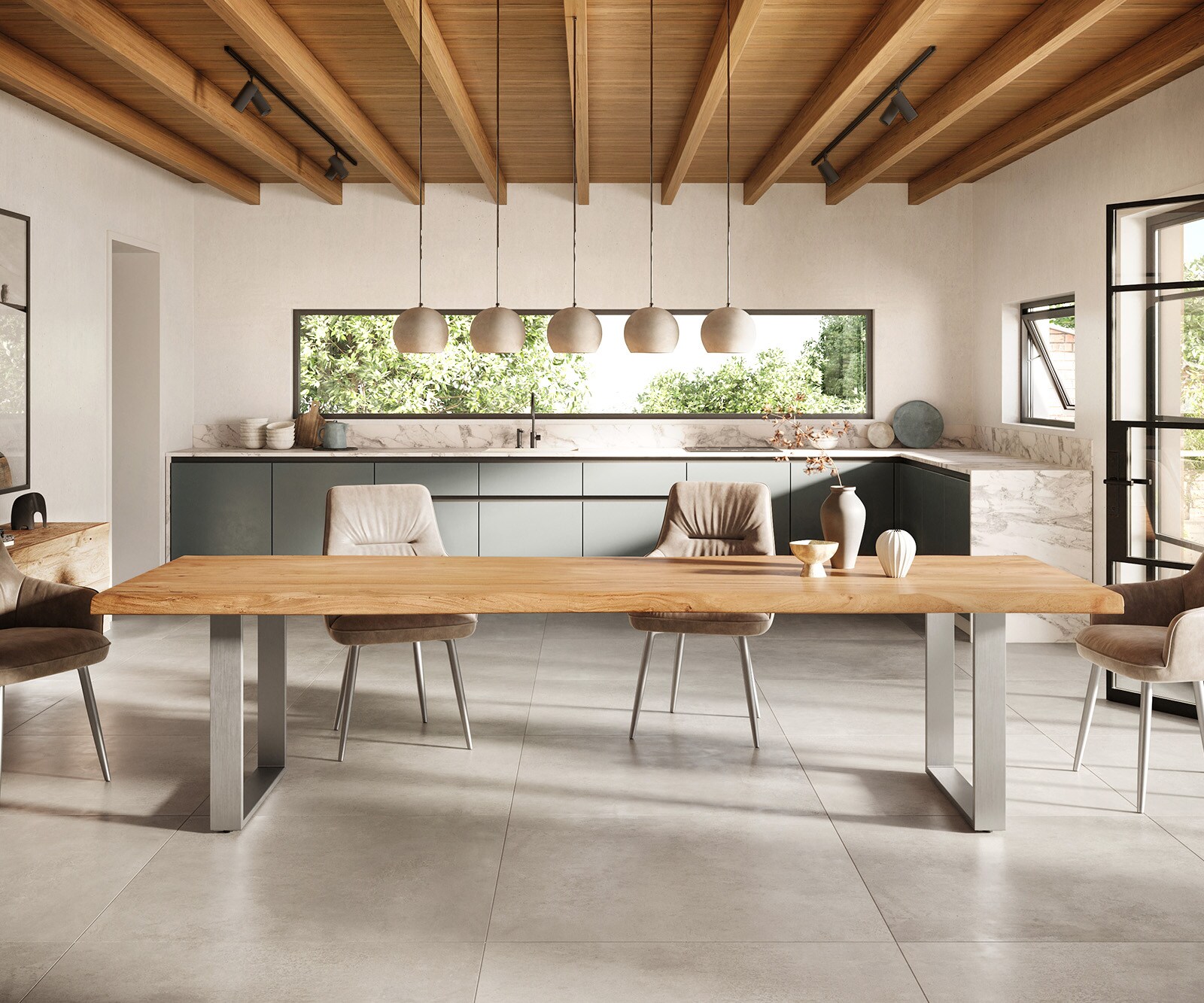 Eettafel Edge 300x100 XL acacia natuur roestvrijstaal smal Live-Edge 1