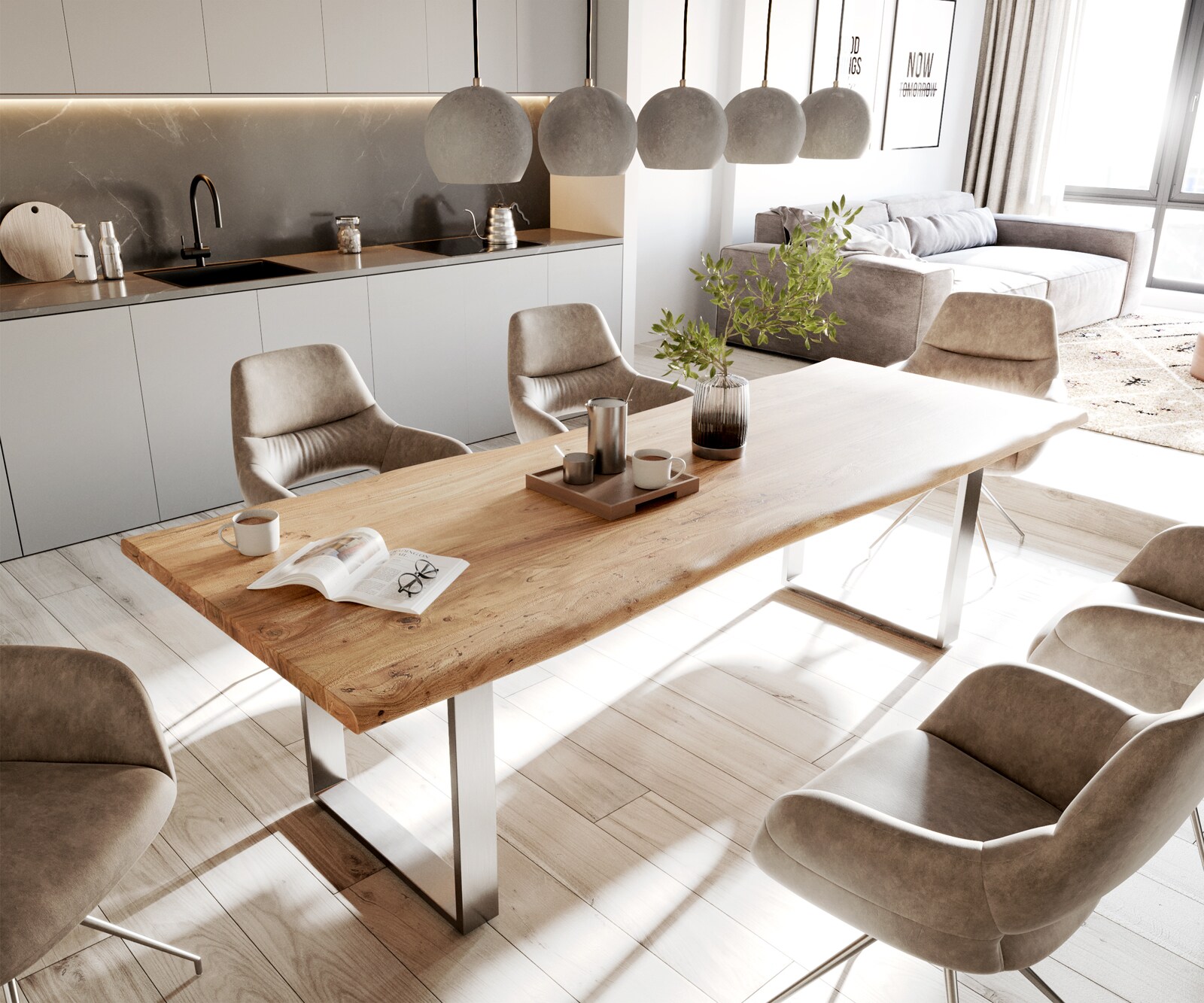 Eettafel Edge 260x100 acacia natuur roestvrijstaal smal Live-Edge 2