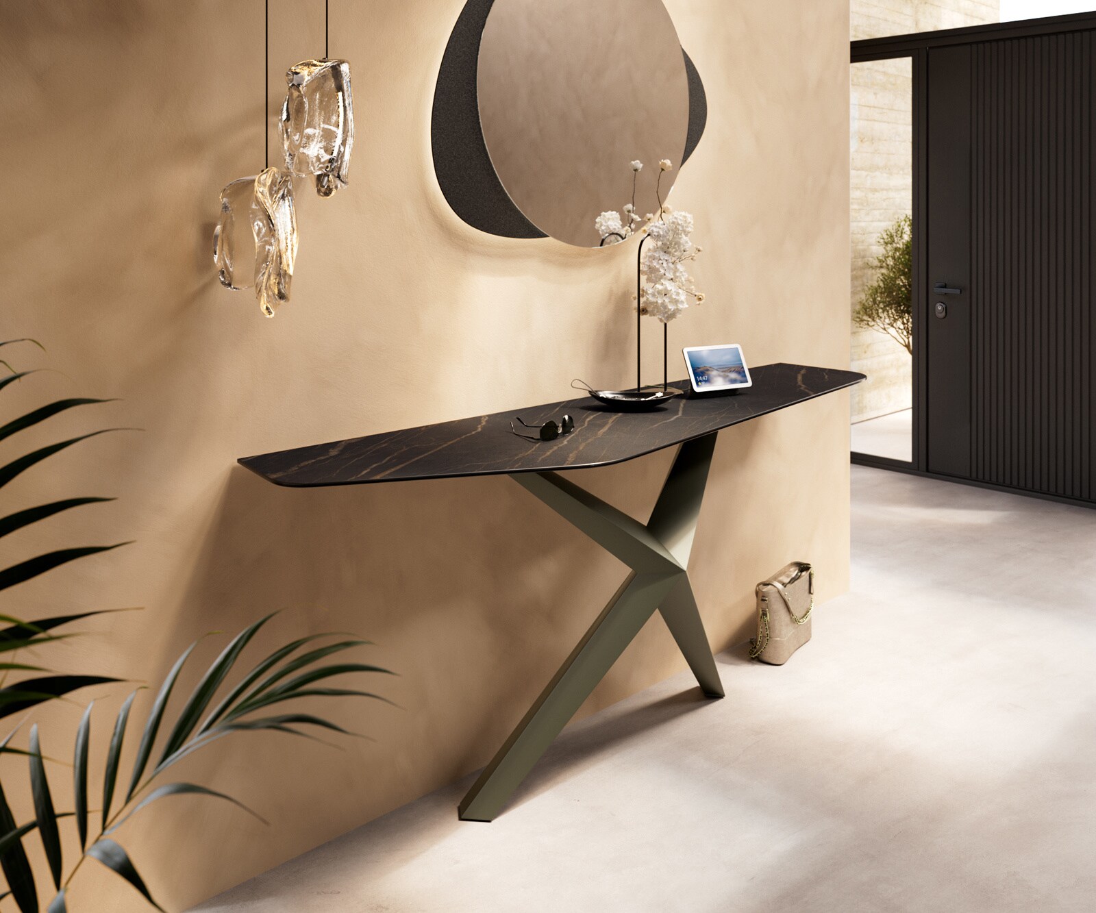Consoletafel Edge Polygonaal 180x50 cm Keramiek Laminam® Noir Desir Braun Zentharo Metaal Effektfinish Titan 1
