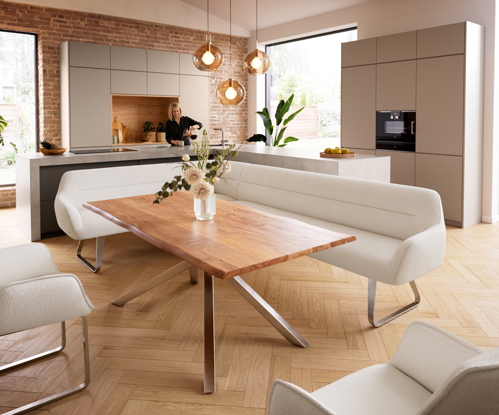 Eetkamerbank Taya-Flex 285x190 cm bouclé crème-wit platte sledebasis roestvrij staal pocketvering rechts 1