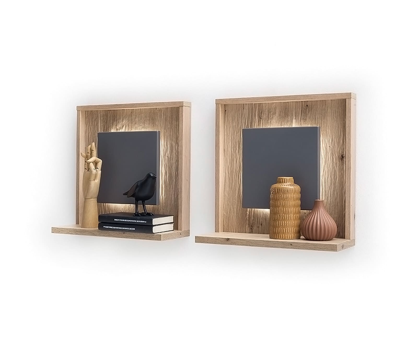 Wandplank Lome 45x20 cm Eiken Optiek Set van 2 Planchet LED Verlichting 2 Wandplank Lome 45x20 cm Eiken Optiek Set van 2 Planchet LED Verlichting 2