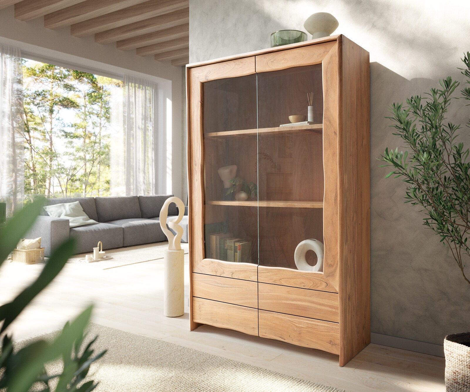 Vitrinekast Live-Edge 120x190 cm acacia natuur 2 deuren 4 laden massief