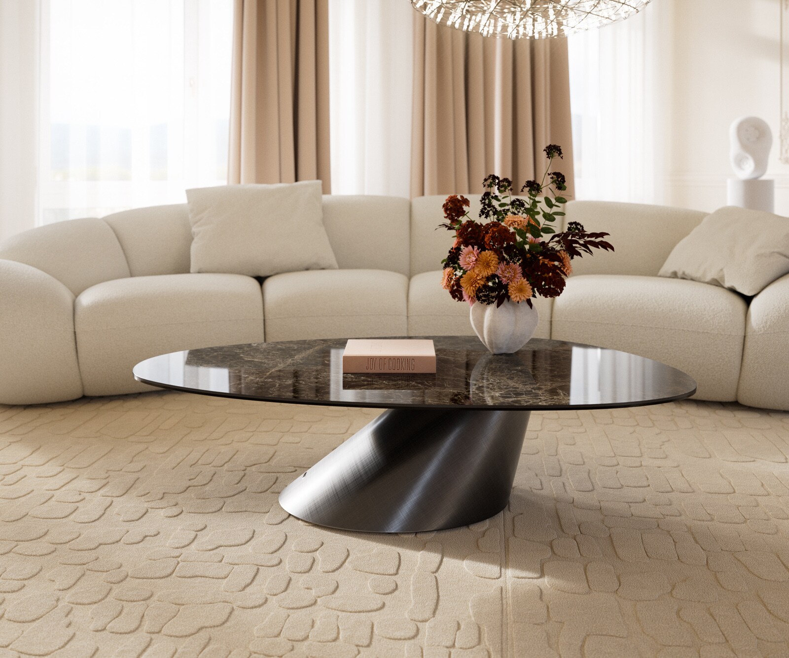 Salontafel Edge Oval 140x75 cm keramiek Laminam® Emperador Extra Lucidato donkerbruin Conis metallic zilver 2