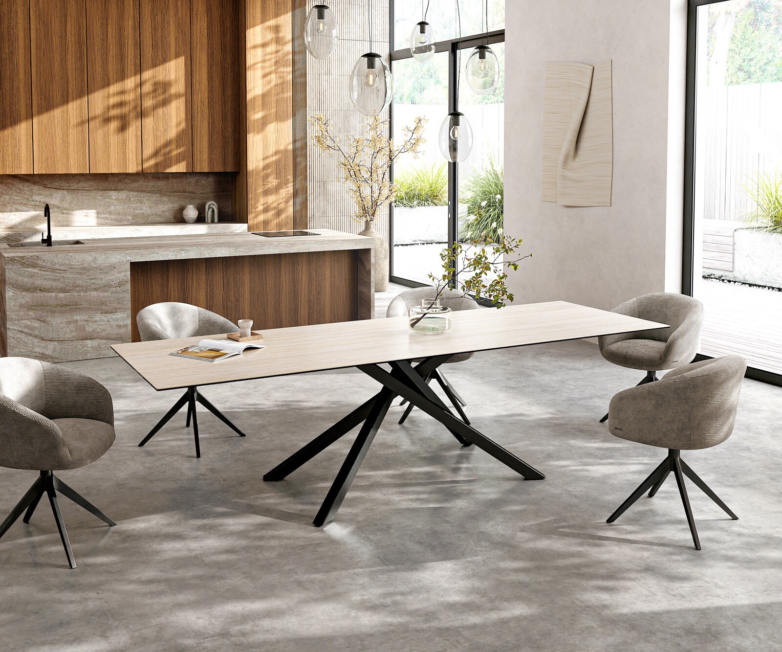 Eetkamertafel Edge 300x100 cm Keramiek Laminam®Travertino Bianco Creme-Wit kruisonderstel Rechthoek Zwart 7