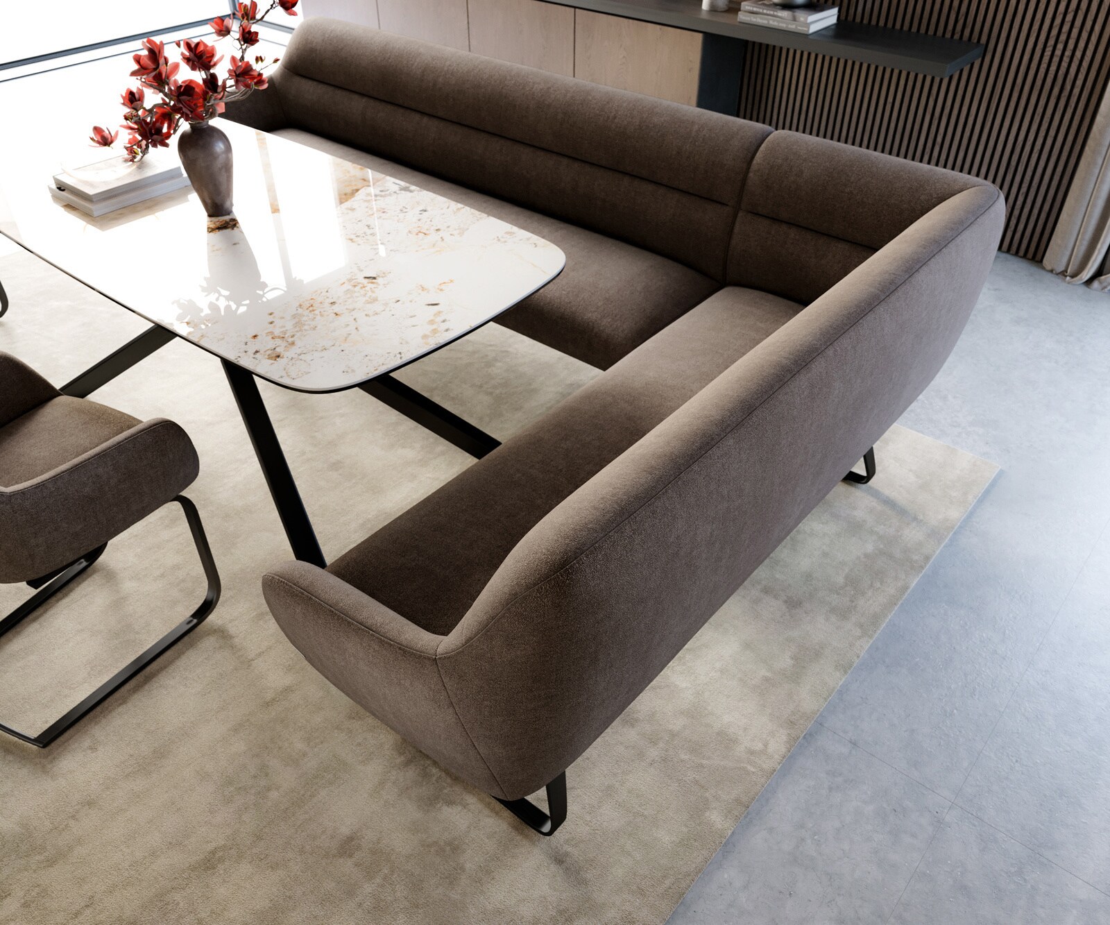 Eetkamerbank Taya-Flex 285x190 cm zachte stof met structuur taupe platte sledebasis zwart pocketvering links 4