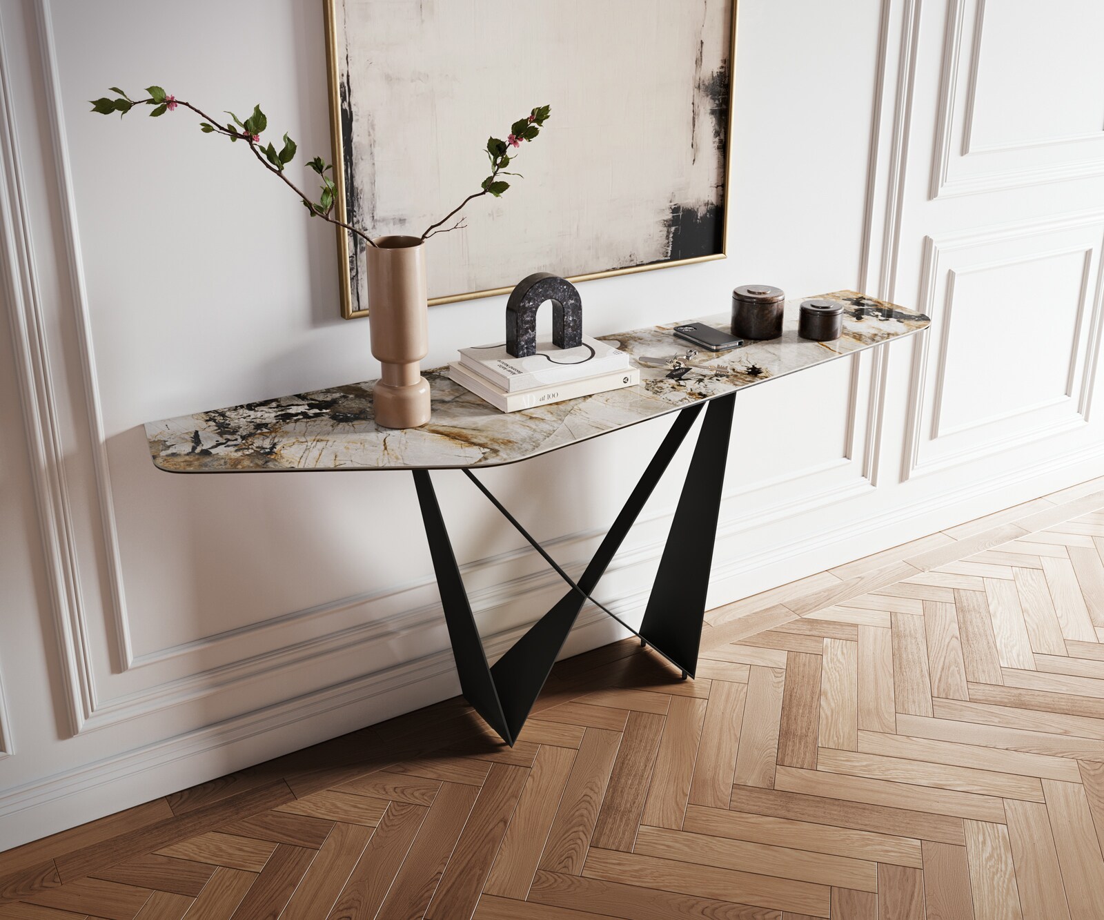 Consoletafel Edge Polygonaal 180x50 cm Keramiek Patagonia Poliert Spios Metaal Zwart 1