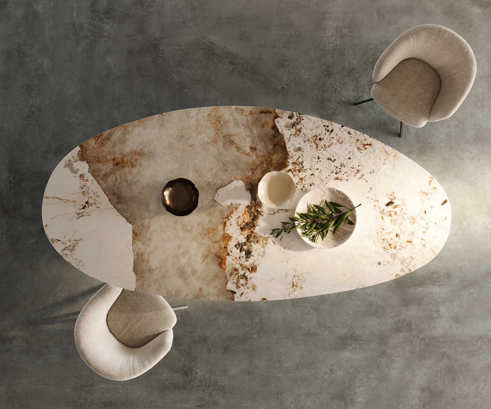 Eettafel Edge ovaal 280x130 keramiek Minas Melange wit-beige pilier metaal effect afwerking titanium 5 Eettafel Edge ovaal 280x130 keramiek Minas Melange wit-beige pilier metaal effect afwerking titanium 5