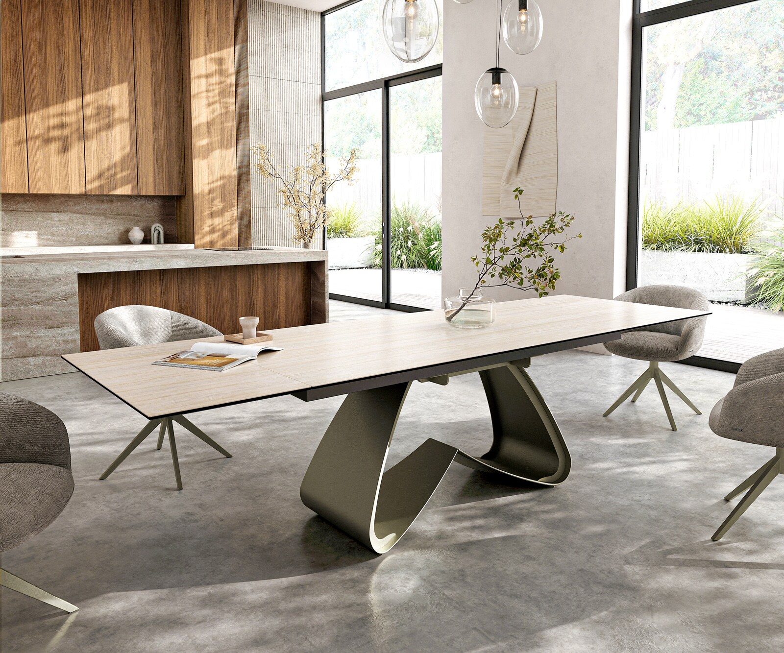 Eettafel Edge 200-300x100 keramiek  Laminam® Travertino Bianco Creme-wit W-frame effectafwerking Titan uitrekbaar