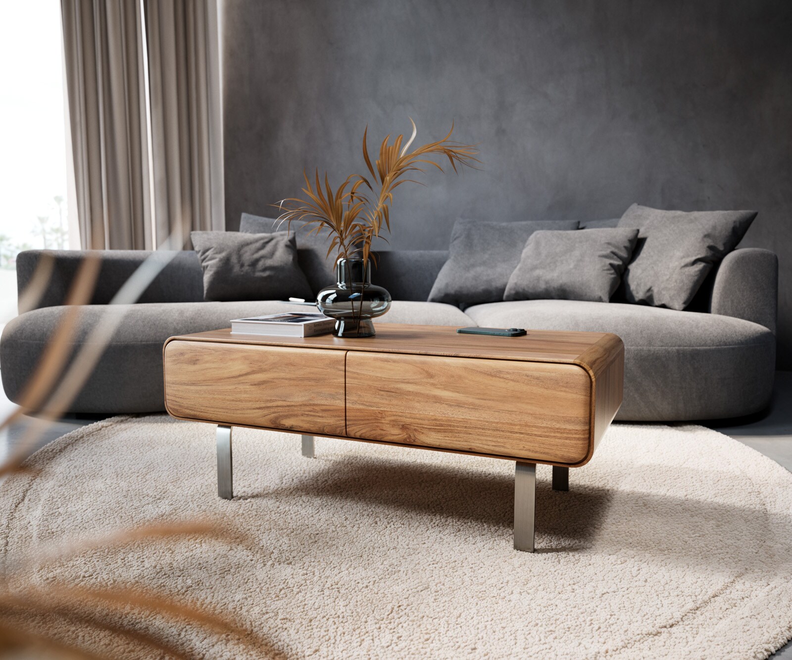 Salontafel Anaya 100x50 cm natuur acacia 2 laden L-poot roestvrij staal 2 Salontafel Anaya 100x50 cm natuur acacia 2 laden L-poot roestvrij staal 2