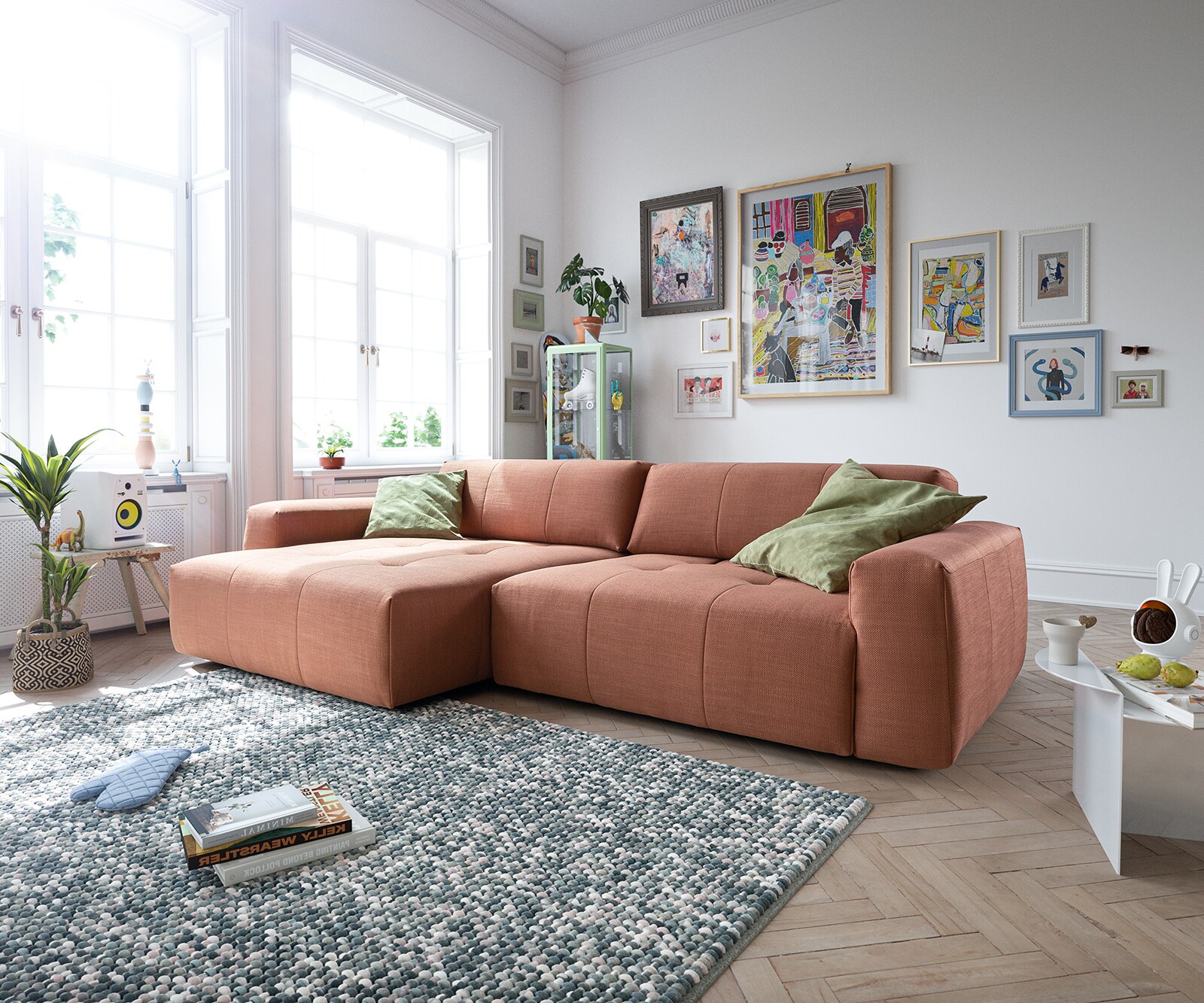 Hoekbank Lazaro 300x160 cm geweven oranje voetenbank links met zitdiepteverstelling