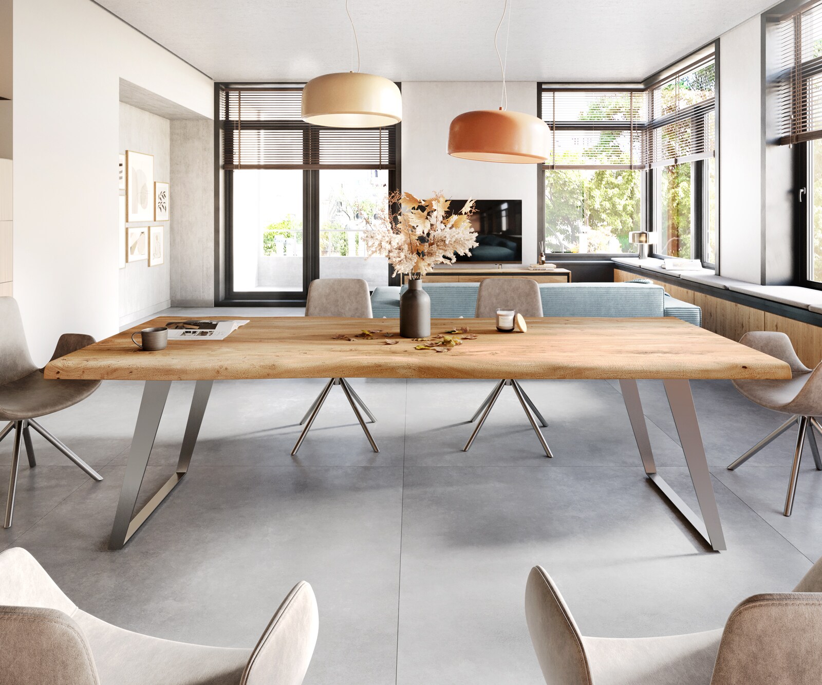 Eettafel Edge 260x100cm XL acacia natuur roestvrijstaal zilver schuin Live-Edge 2