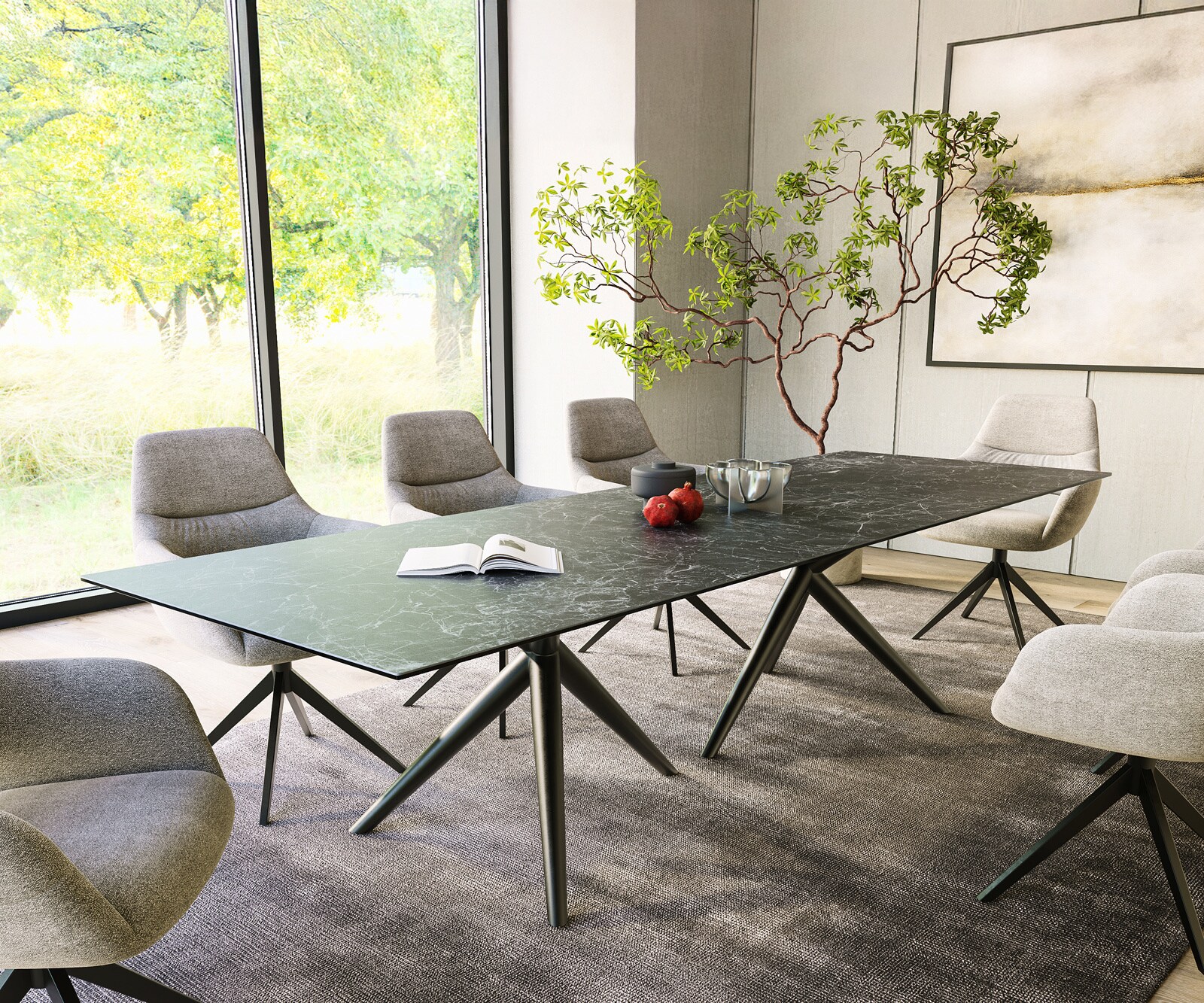 Eetkamertafel Edge 300x100 keramiek Laminam®Nero Greco Anthrazit Estelar rond  metaal zwart