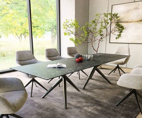 Eetkamertafel Edge 300x100 keramiek Laminam®Nero Greco Anthrazit Estelar rond  metaal zwart
