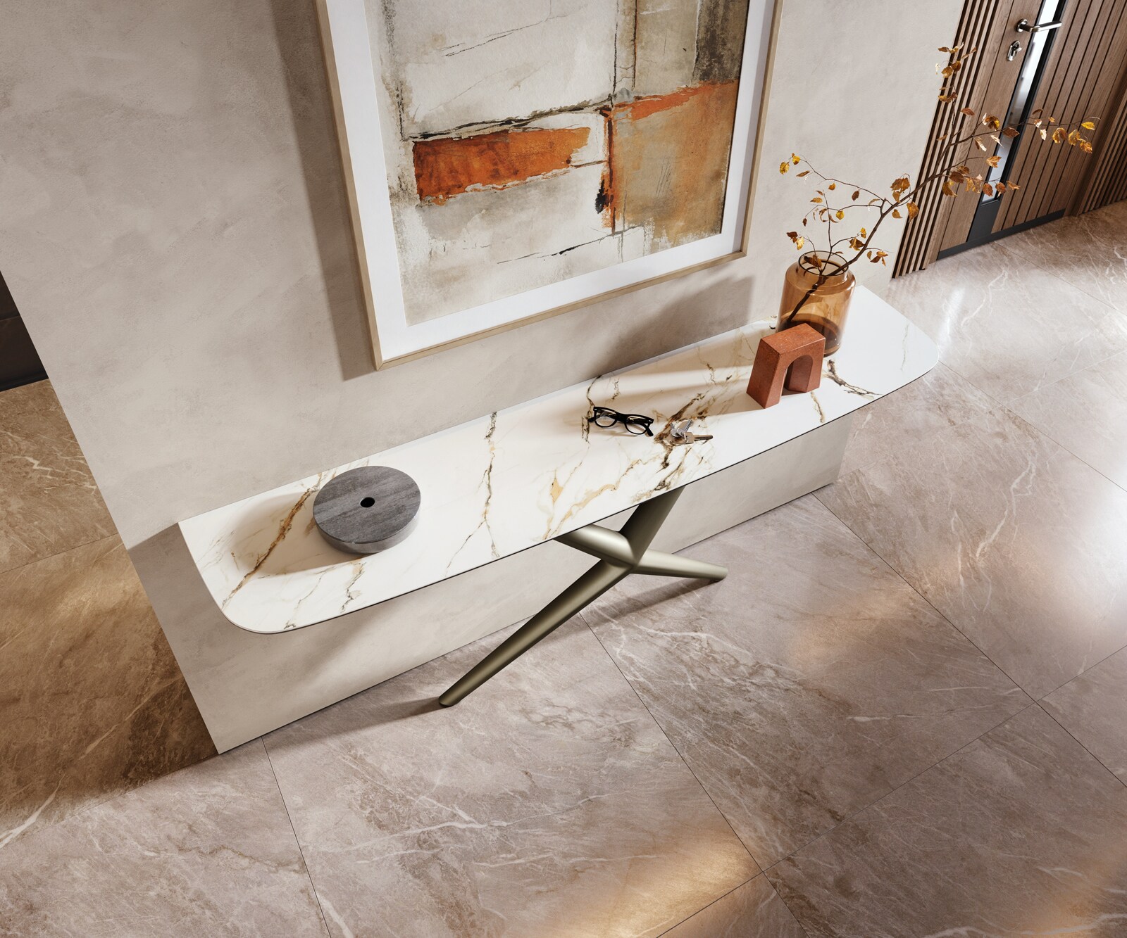 Consoletafel Edge Bootvorm 180x40 cm Keramiek Calacatta Luxe Weiß-Gold-Grijs Estelo Metaal Effektfinish Titan 2