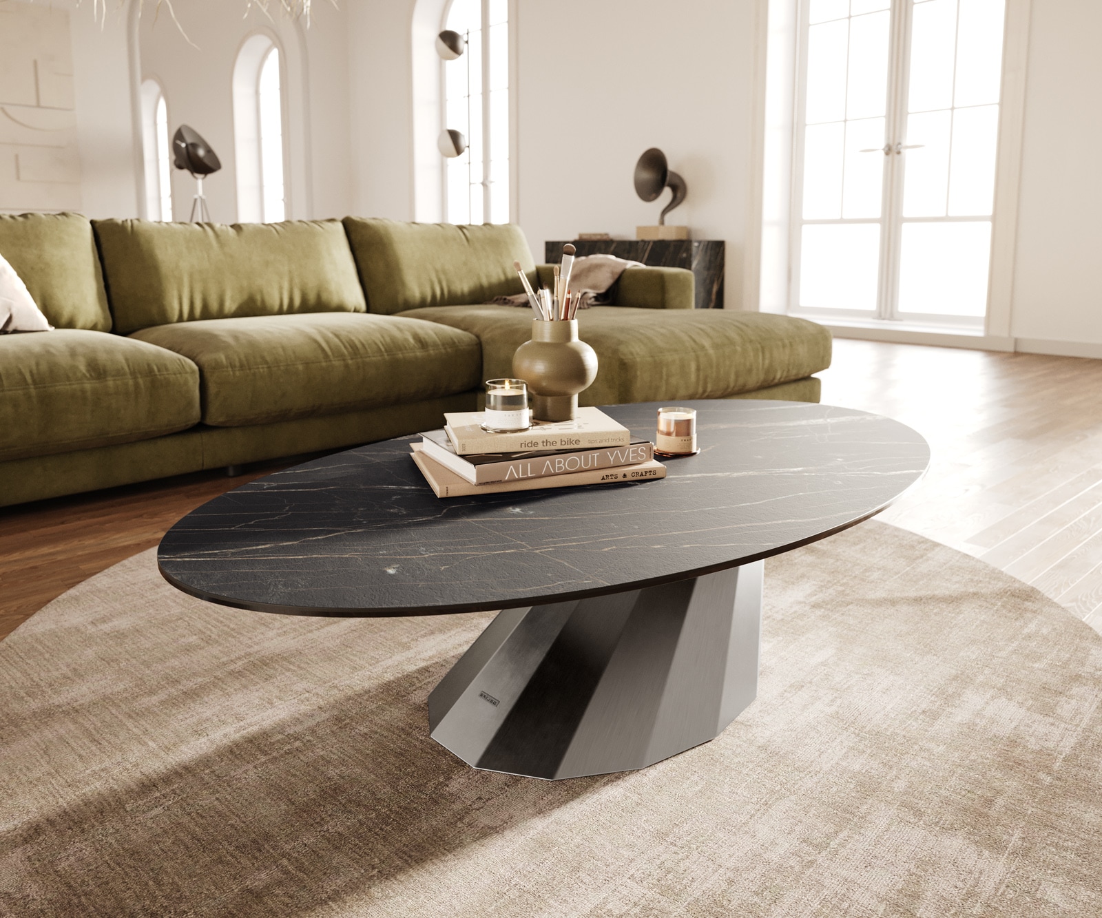 Salontafel Edge Oval 140x80 cm keramiek Laminam® Noir Desir bruin Parabi geborsteld roestvrij staal 1