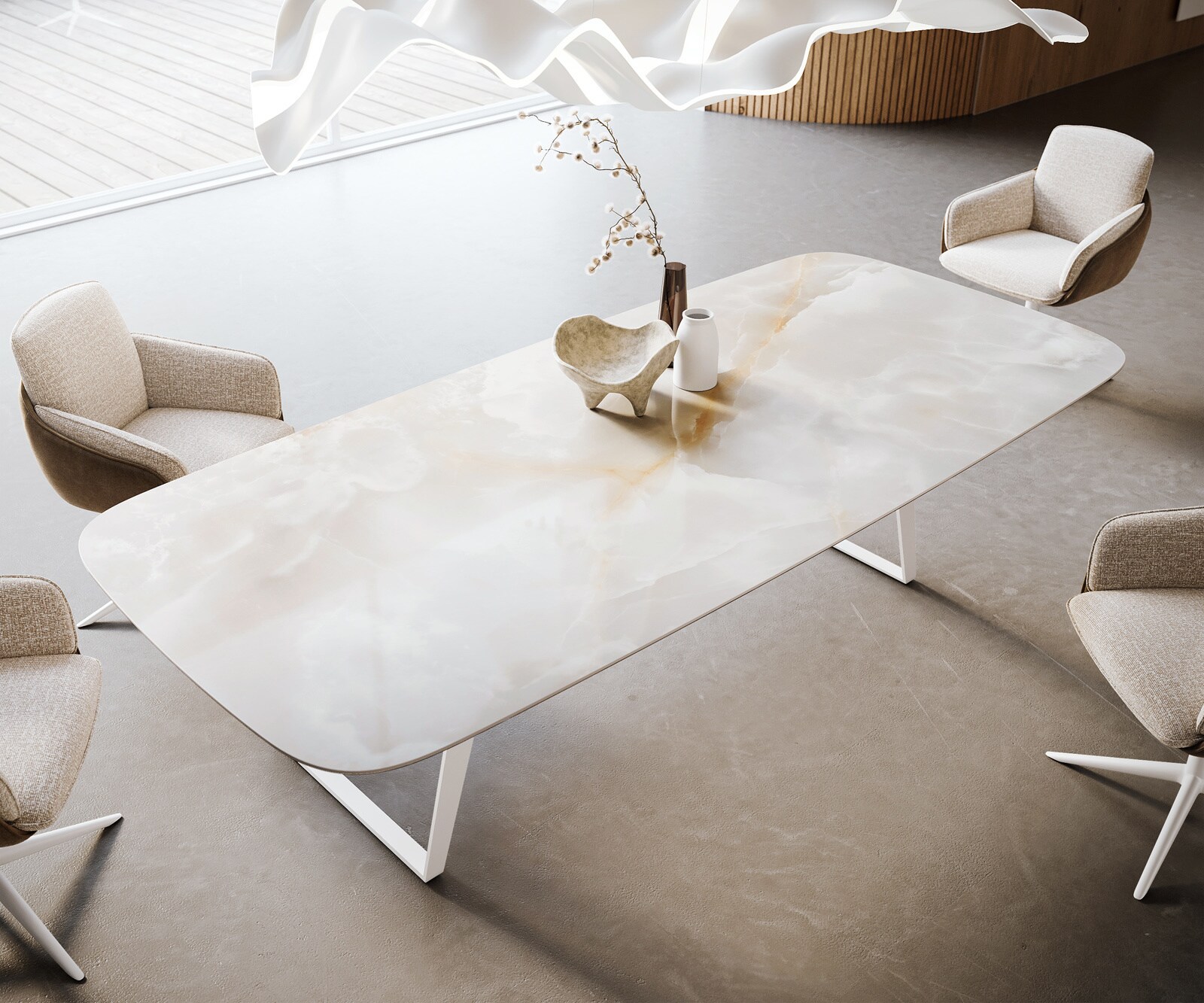 Eetkamertafel Edge Boot 270x120 cm Keramiek Iris FMG Onice Grigio Metaal Schuin Wit 4