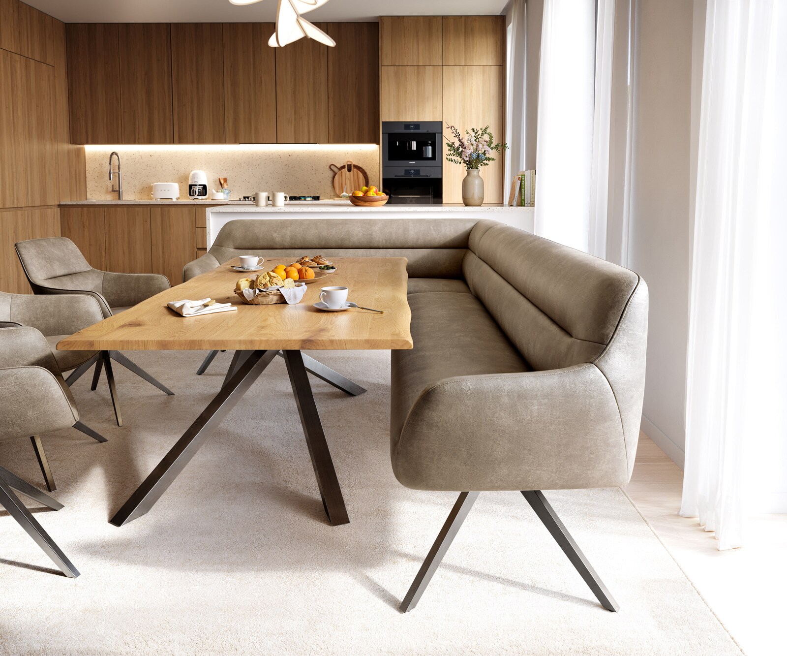 Eetkamerbank Taya-Flex 285x190 cm microvelours beige vintage hoekig kruisframe grafiet pocketvering links 2