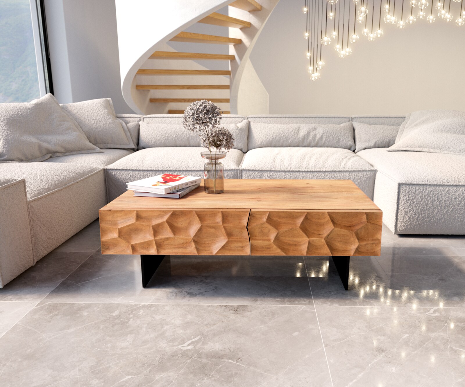 Salontafel Solu 120x70 cm natuur acacia 4 laden onderstel zwevend metaal zwart 3D front 1