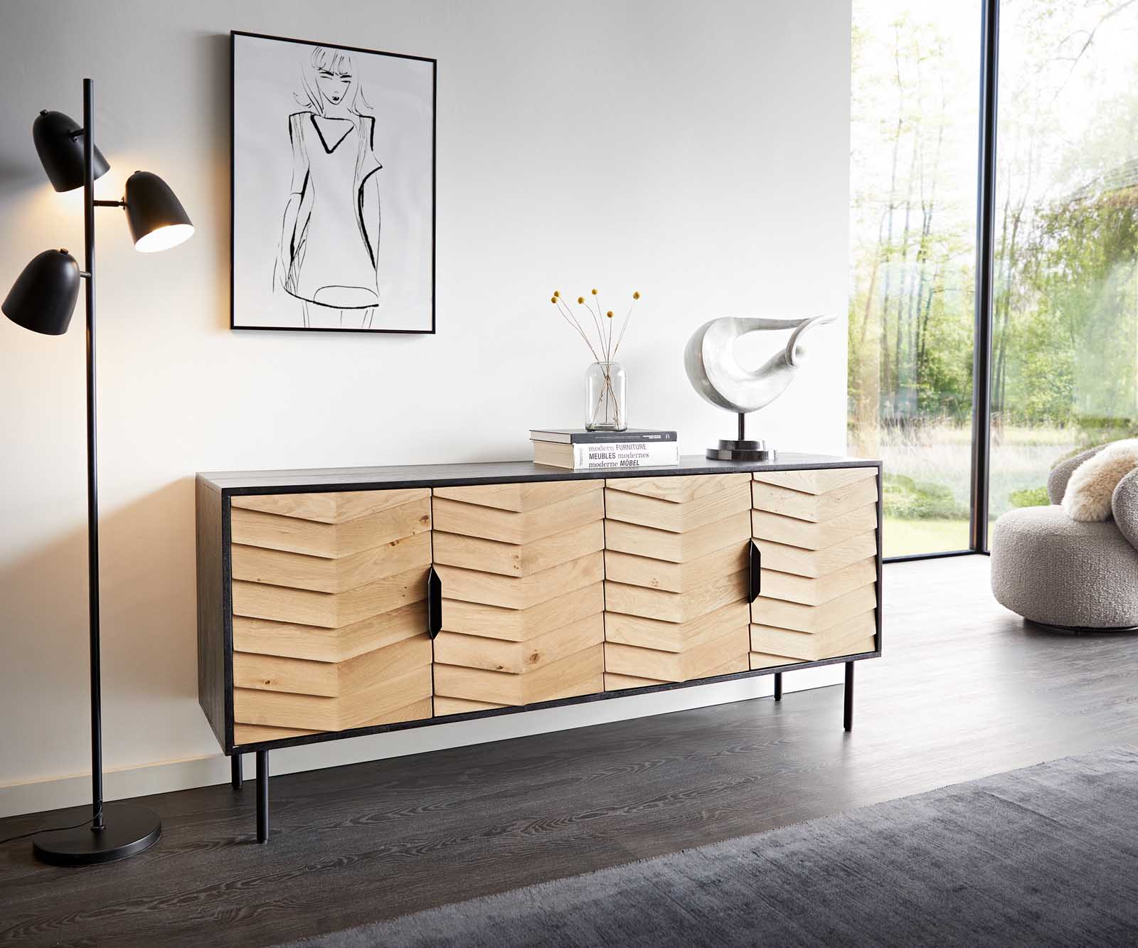 Dressoir Muvi 175 cm natuur eiken mango zwart metaal zwart 4 deuren