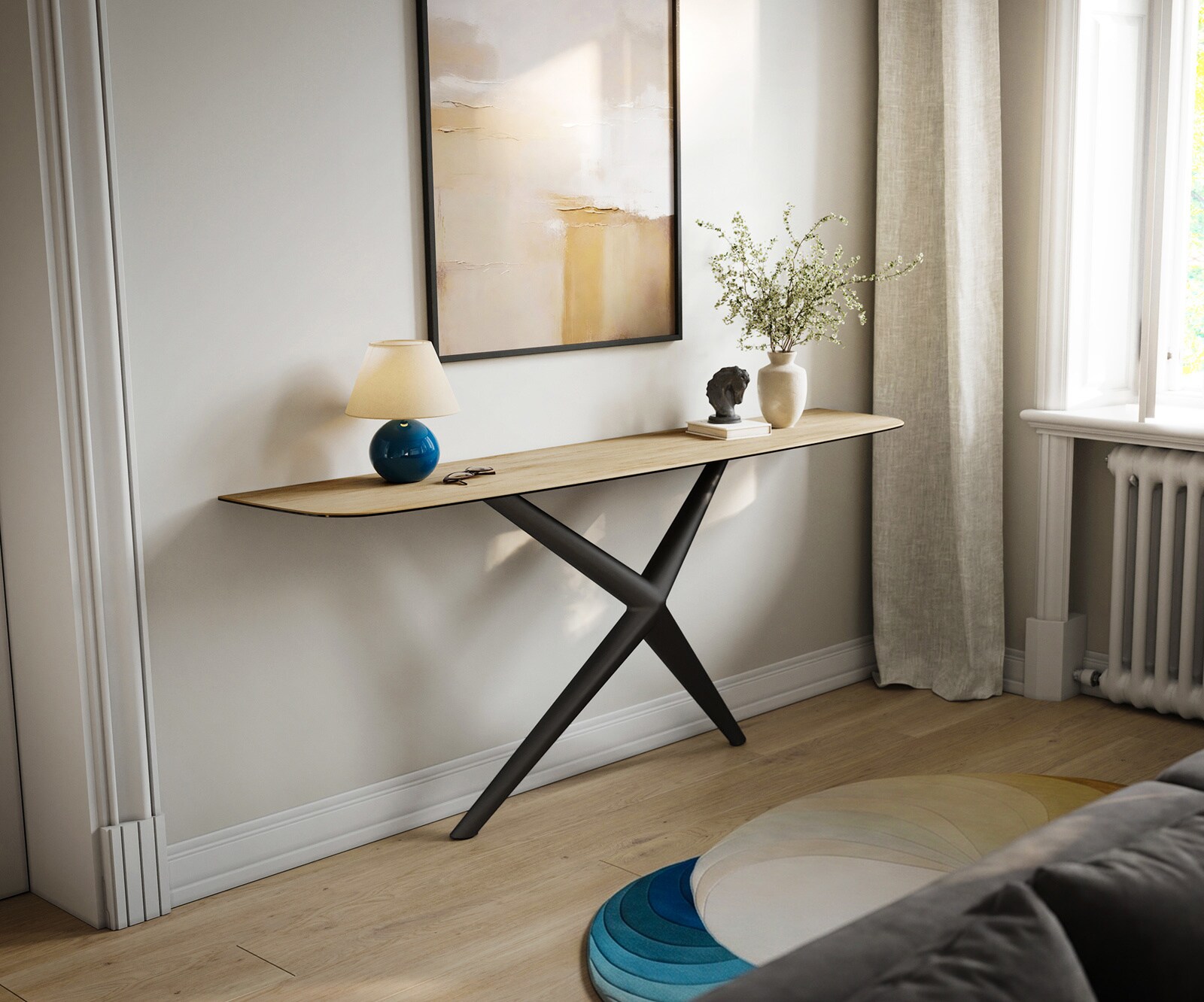 Consoletafel Edge Bootvorm 180x40 cm Keramiek Laminam® Sabbia Eichefarbig Estelo Metaal Zwart 4