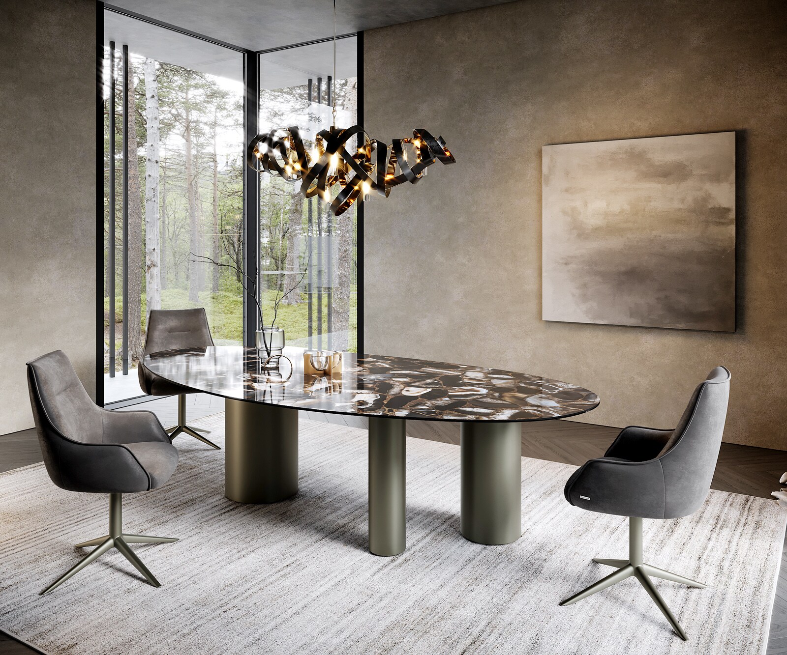 Eettafel Edge Oval 280x130 keramiek Iris FMG Agatablack Troa metaaleffect afwerking titanium 5