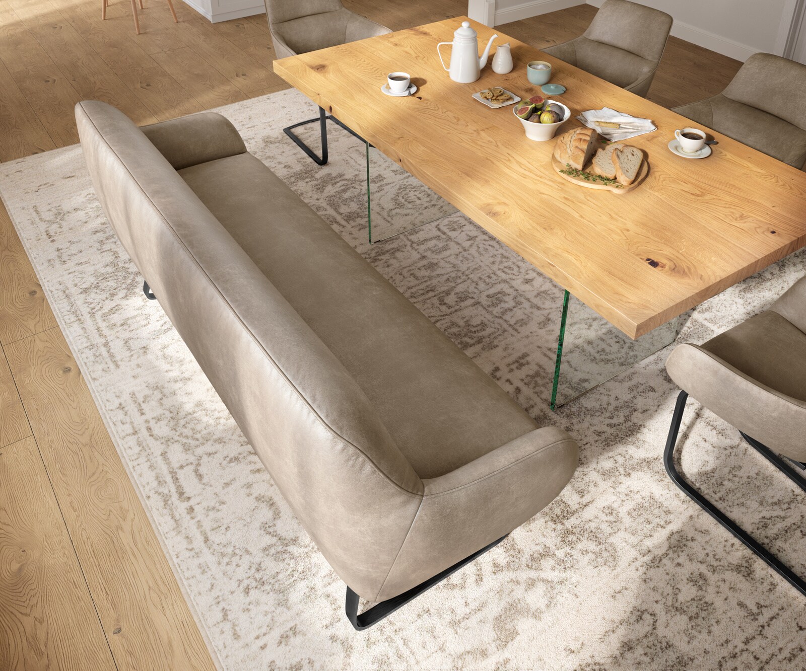 Eetkamerbank Taya-Flex 200 cm microvelours beige vintage platte sledebasis zwart pocketvering 3