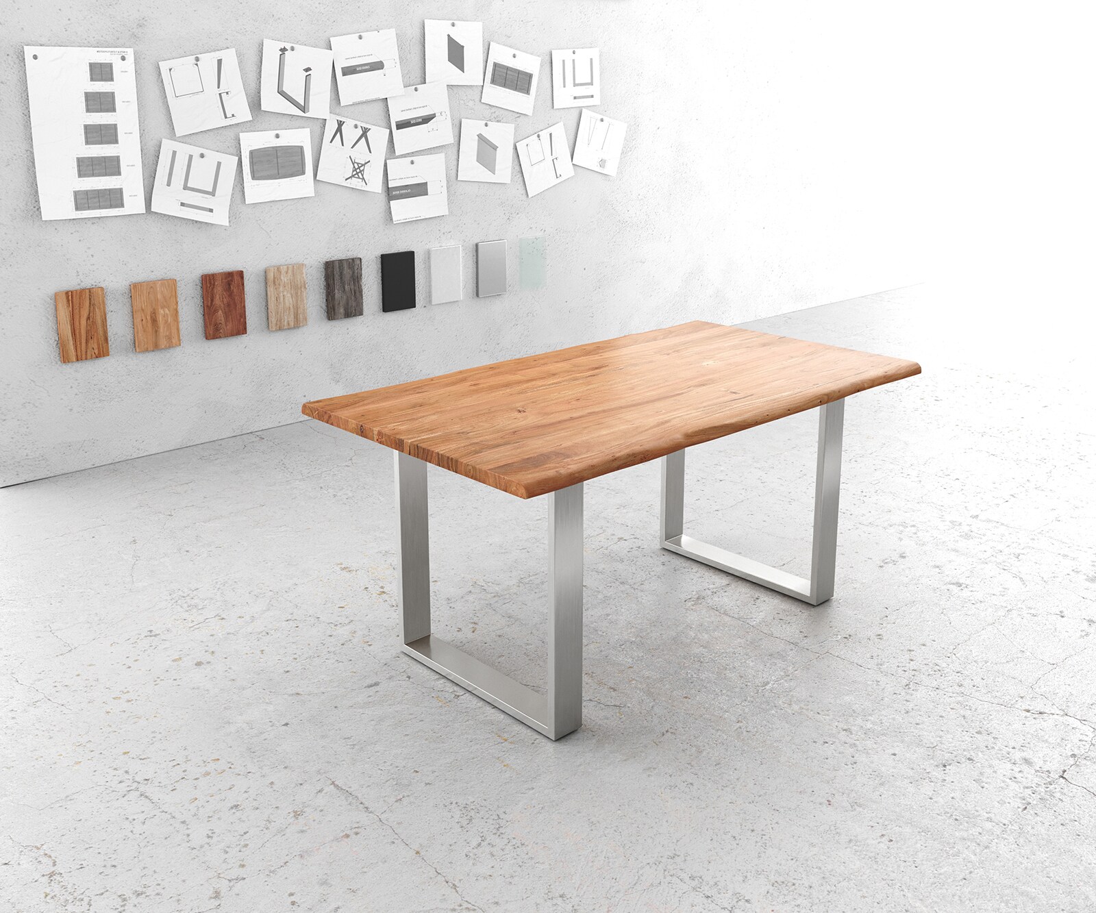 Eettafel Edge 160x90cm acacia natuur roestvrijstaal smal Live-Edge