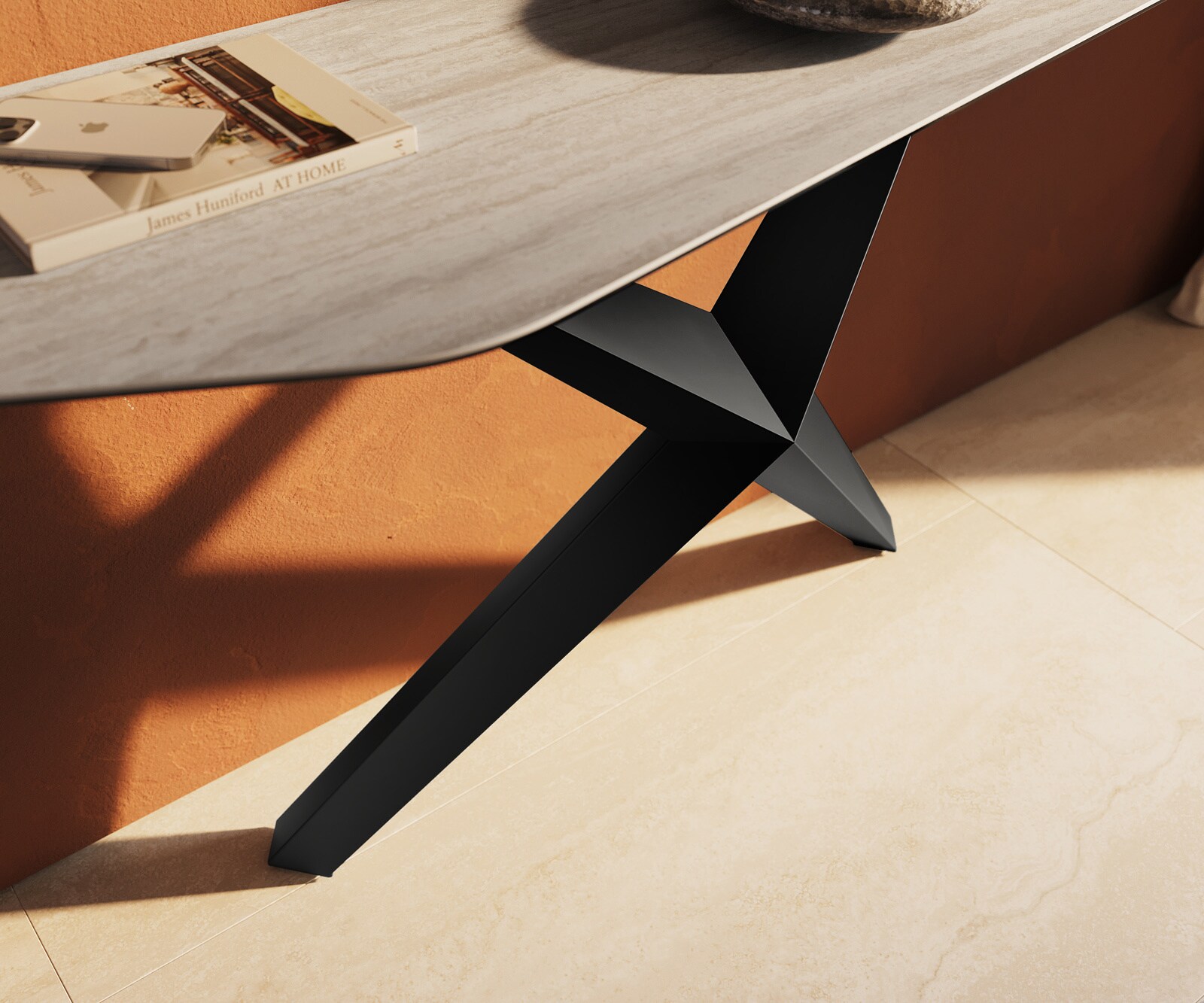 Consoletafel Edge Polygonaal 180x50 cm Keramiek Laminam® Travertino Bianco Creme-Weiß Zentharo Metaal Zwart 6
