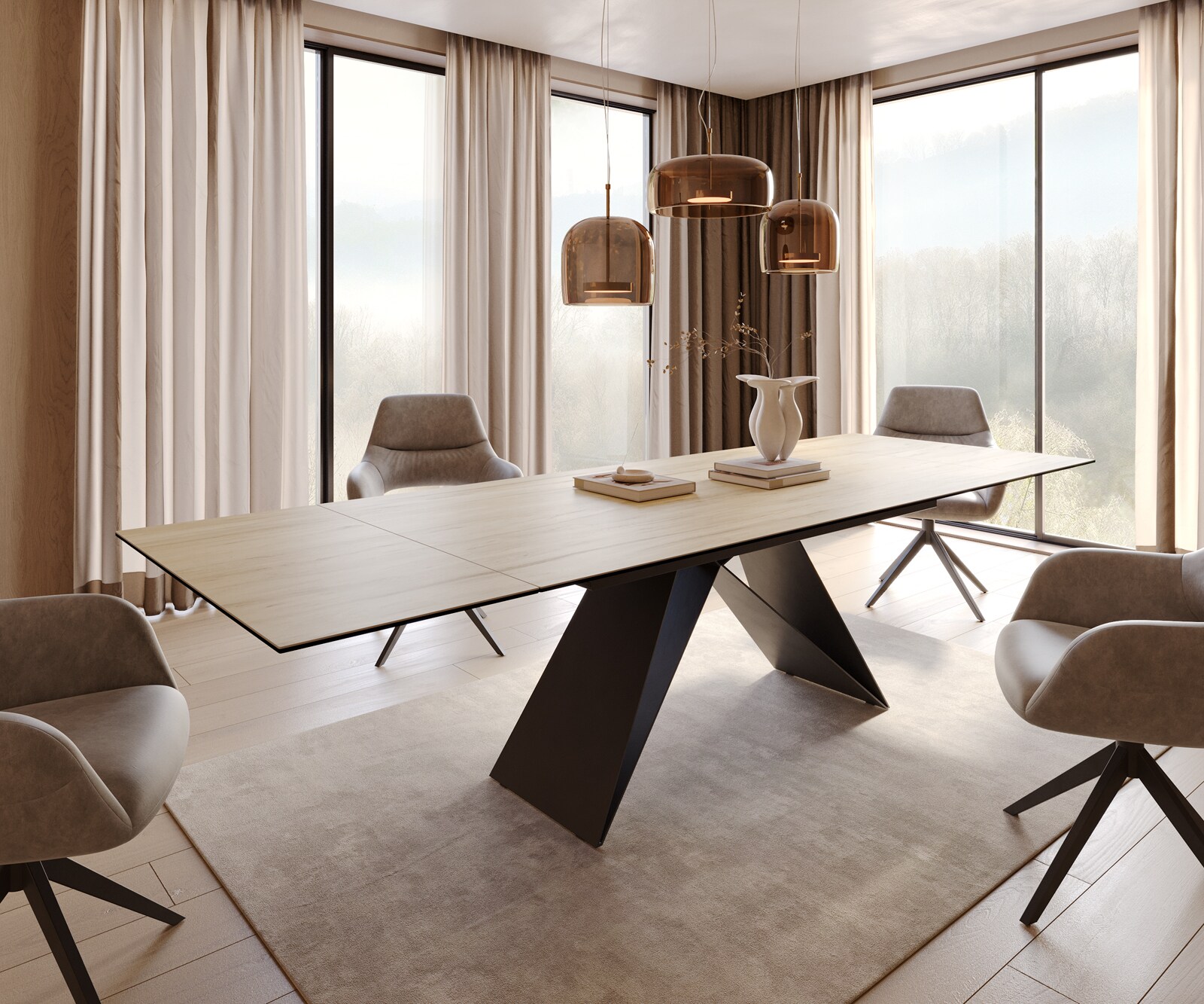 Eetkamertafel Edge 200-300x100 keramiek Laminam® Sabbia eiken kleur V-frame vlak staal zwart uitschuifbaar 5